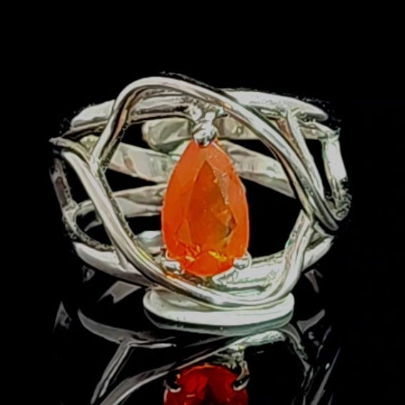 Mexican Fire Opal Finger Cuff Adjustable Ring .925 Silver for Confidence, Motivation and Pleasure