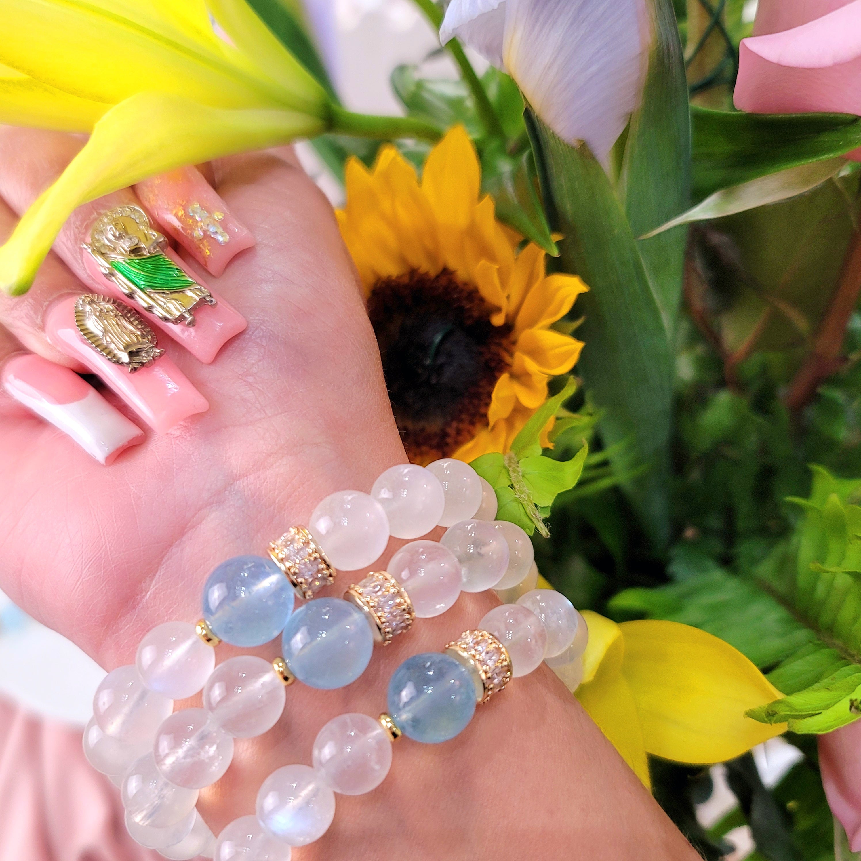 Rainbow Moonstone and Aquamarine Bracelet (AAA Grade) for Embracing your Divine Feminine Energy and New Beginnings