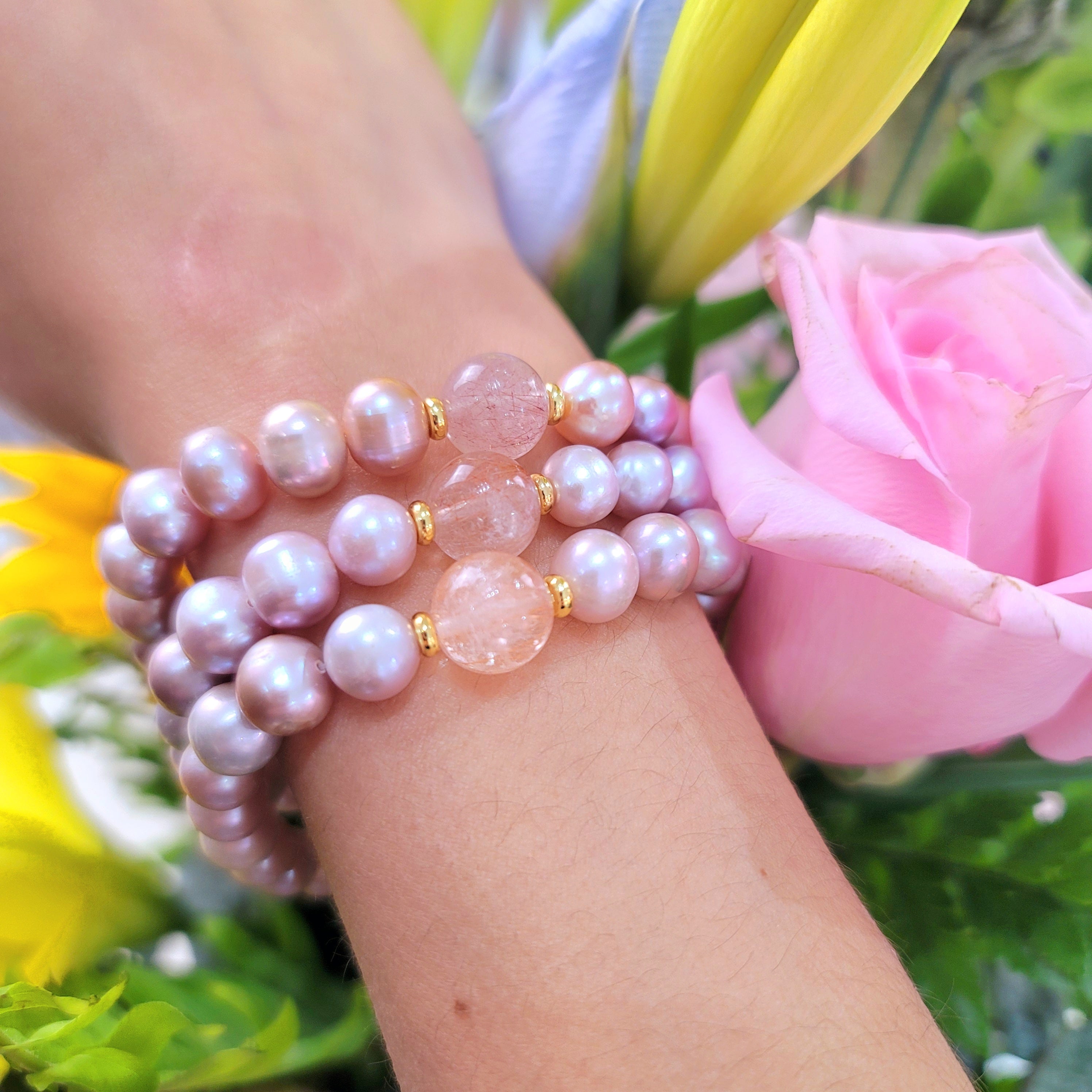 Lavender Pearl with Pink Rutile Bracelet for Abundance, Honesty and Wisdom