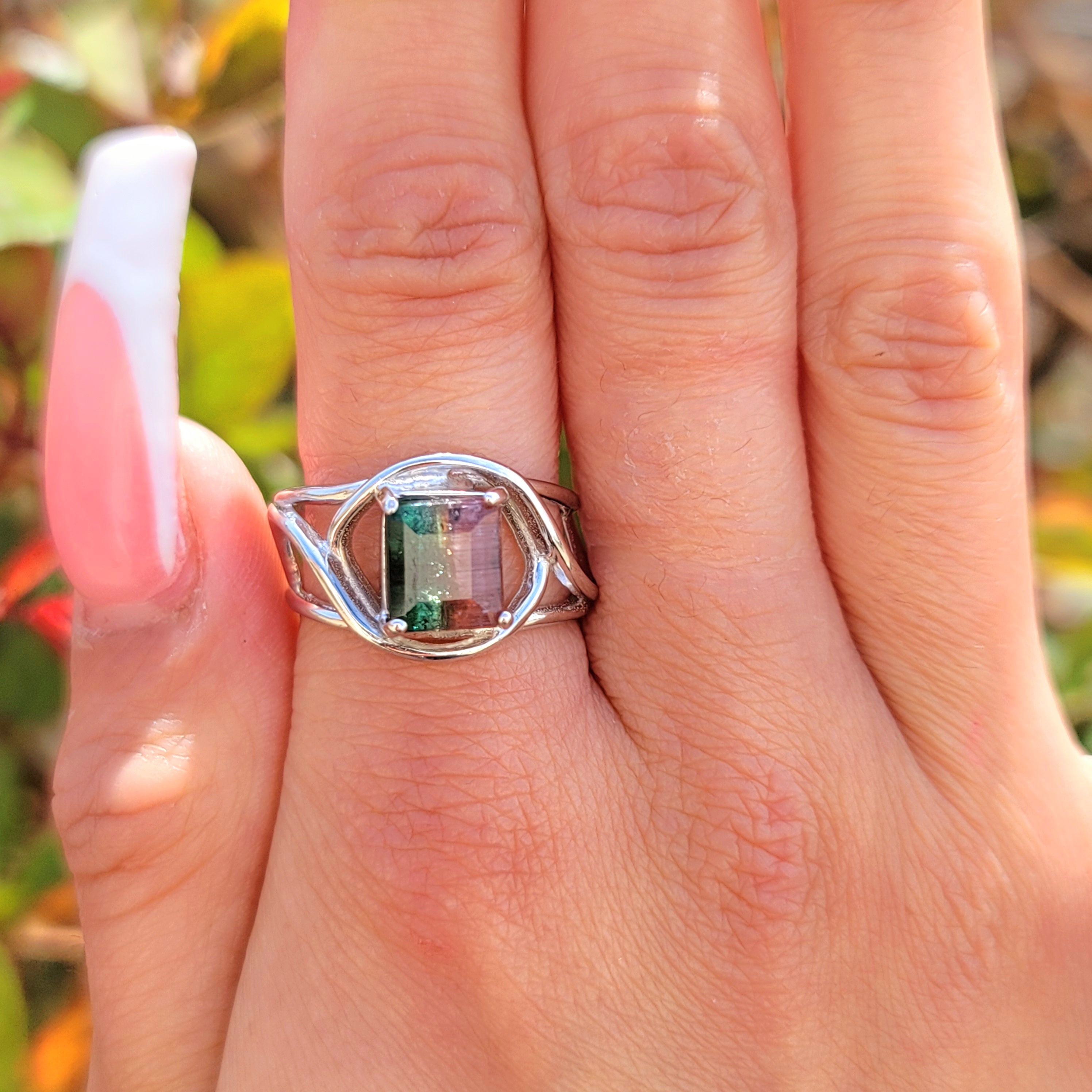 Watermelon Tourmaline Adjustable Finger Bracelet Ring for Healing, Joy and Love