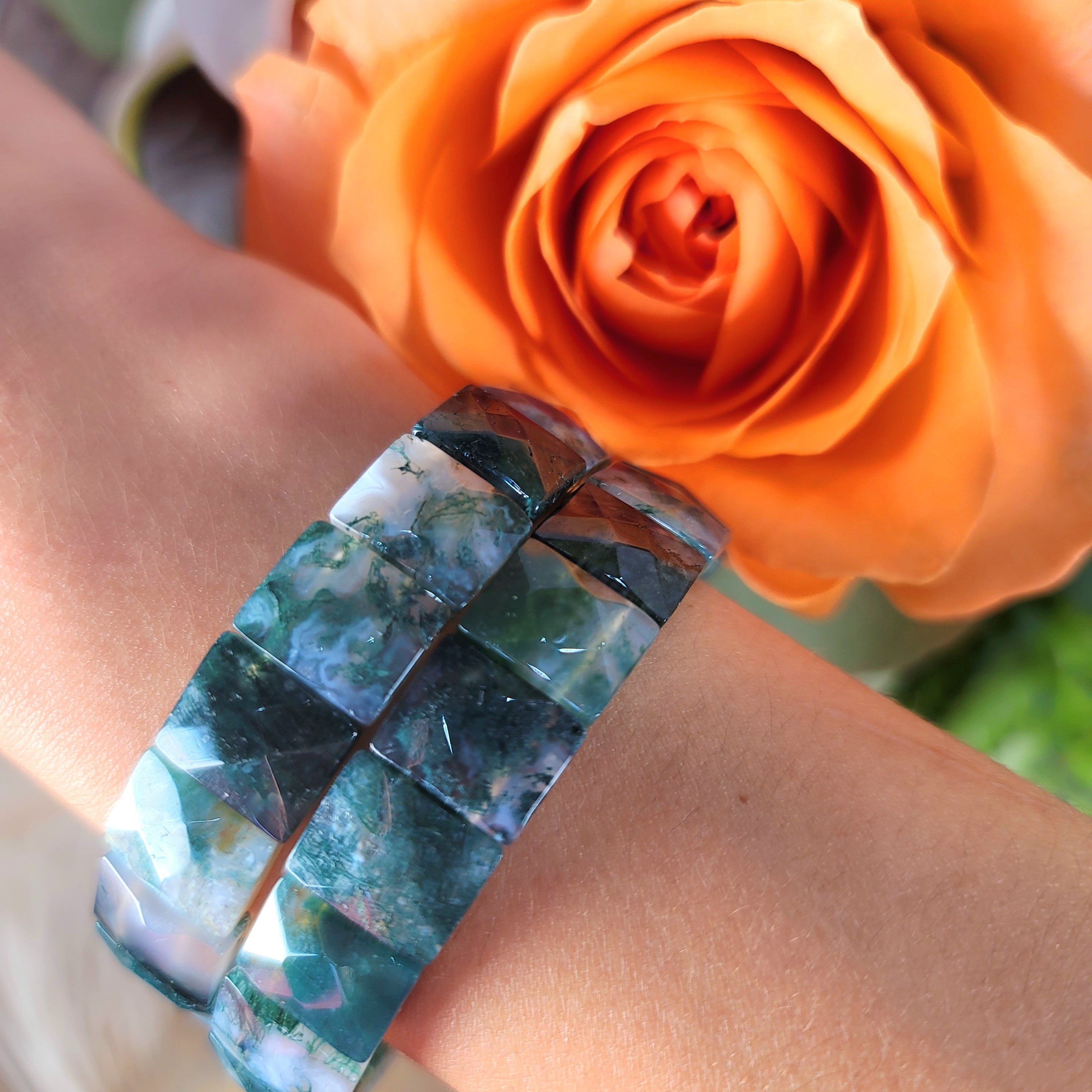 Moss Agate Stretchy Bangle Bracelet for Bringing Your Dreams to Reality, Grounding and Healing
