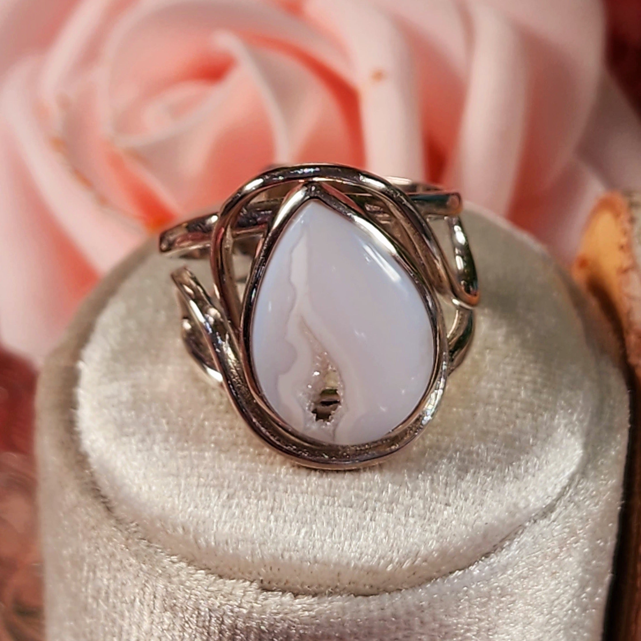 Druzy White Plume Agate Finger Bracelet for Peace and Soothing Stress