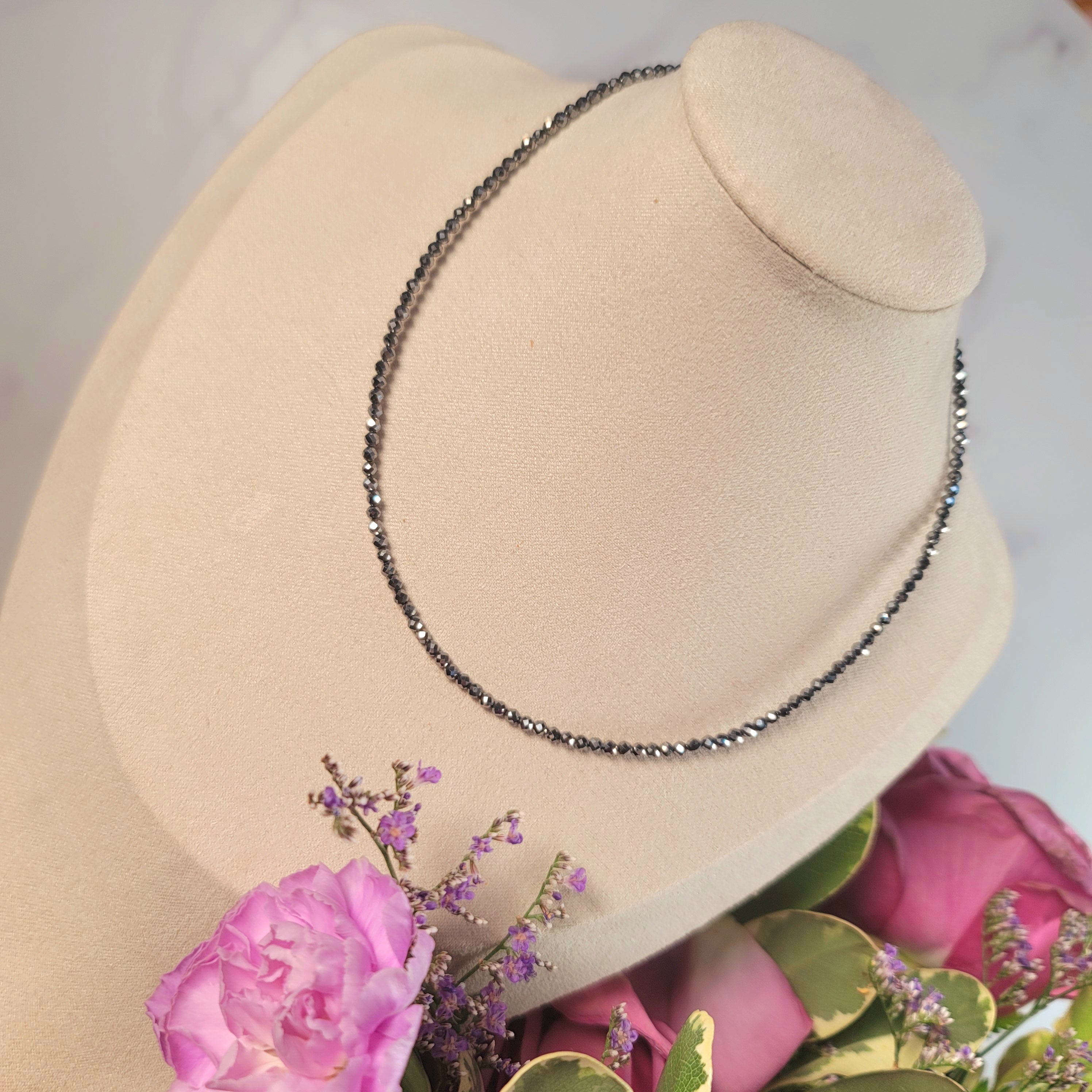Hematite Micro Faceted Choker/Layering Necklace .925 Silver for Manifestation of Dreams into Reality