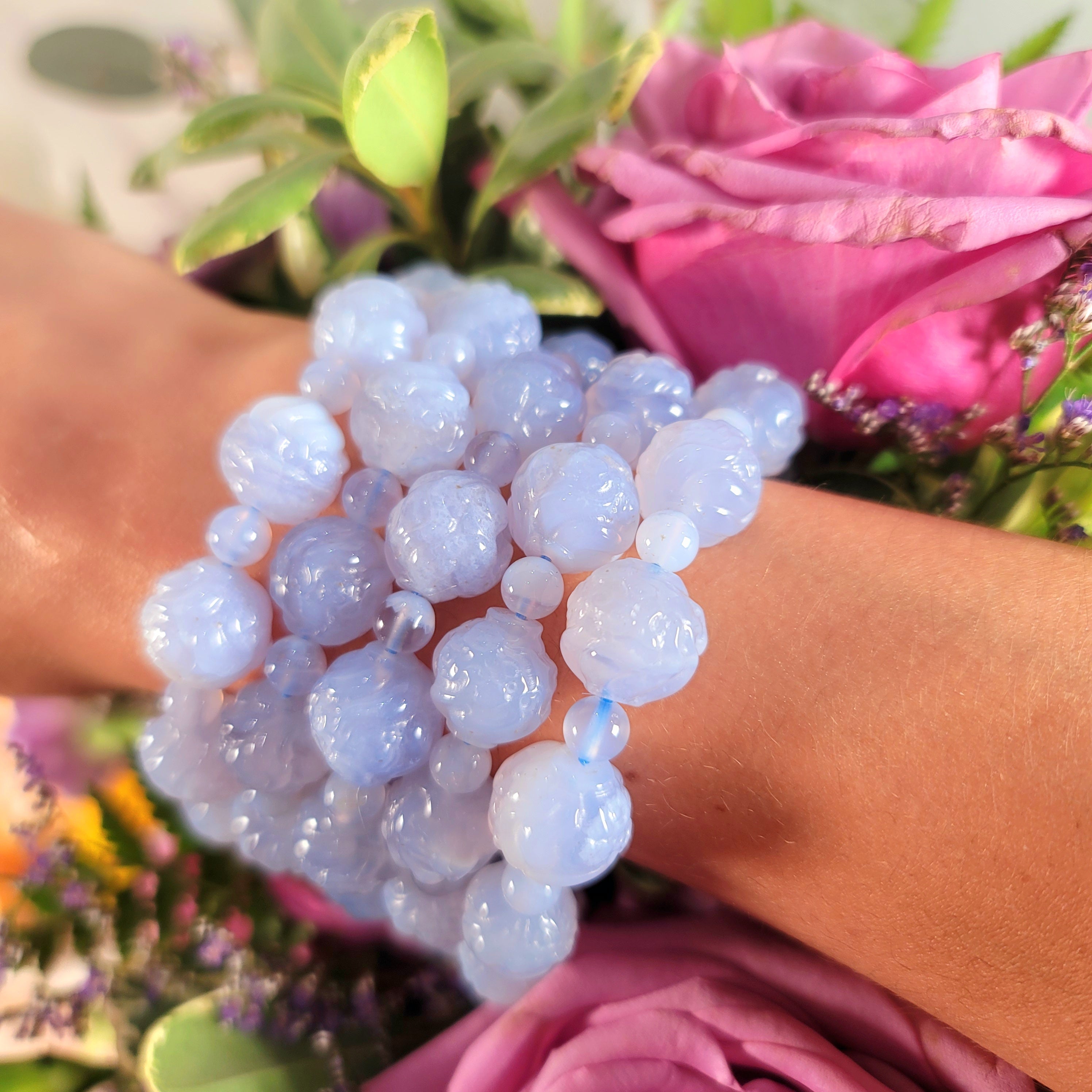 Blue Lace Agate Lotus Bracelet for Anxiety and Stress Relief