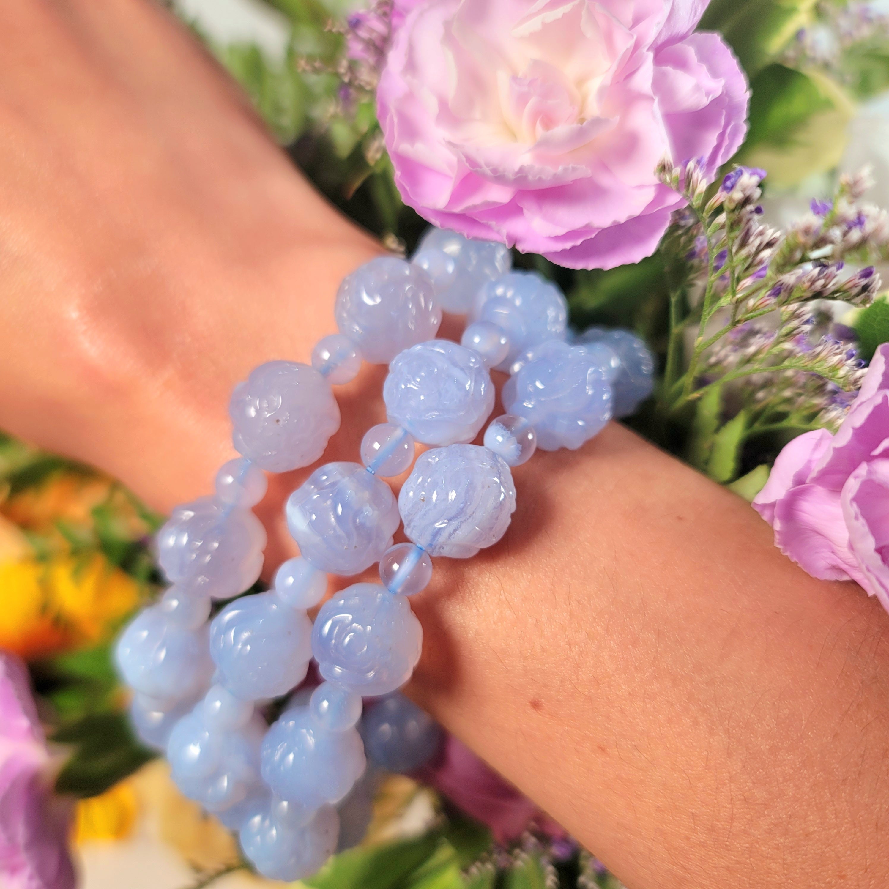 Blue Lace Agate Lotus Bracelet for Anxiety and Stress Relief