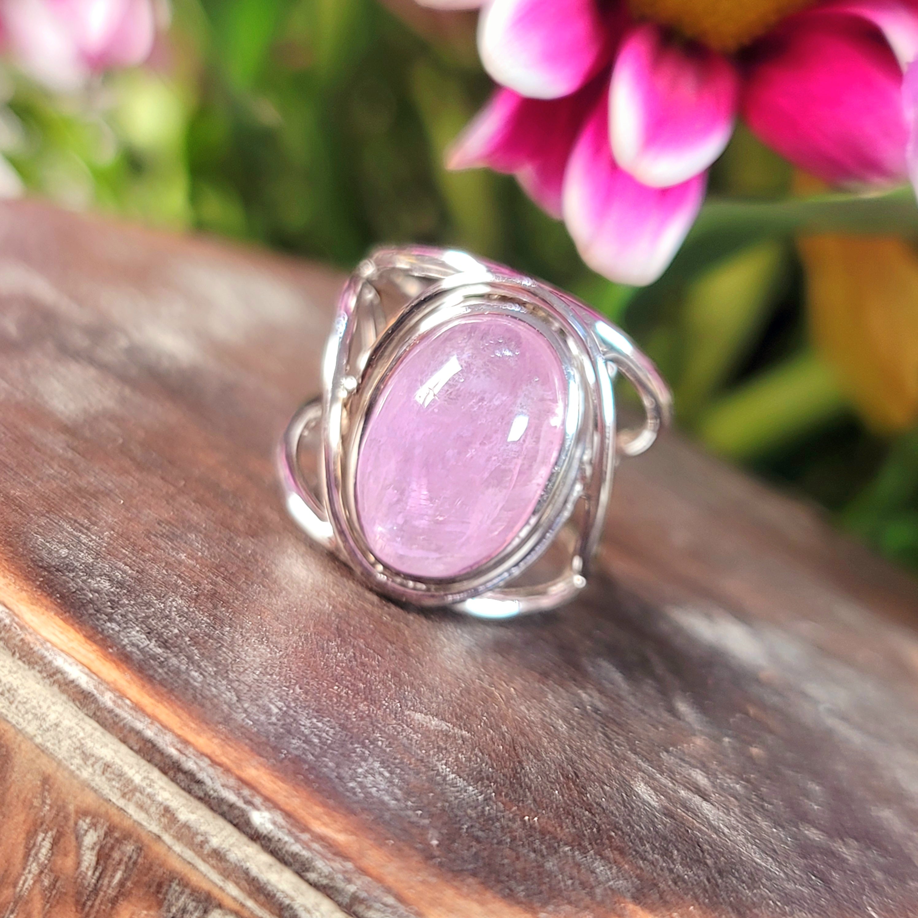 Kunzite Finger Cuff Adjustable Ring .925 Silver for Emotional Healing, Joy and Love