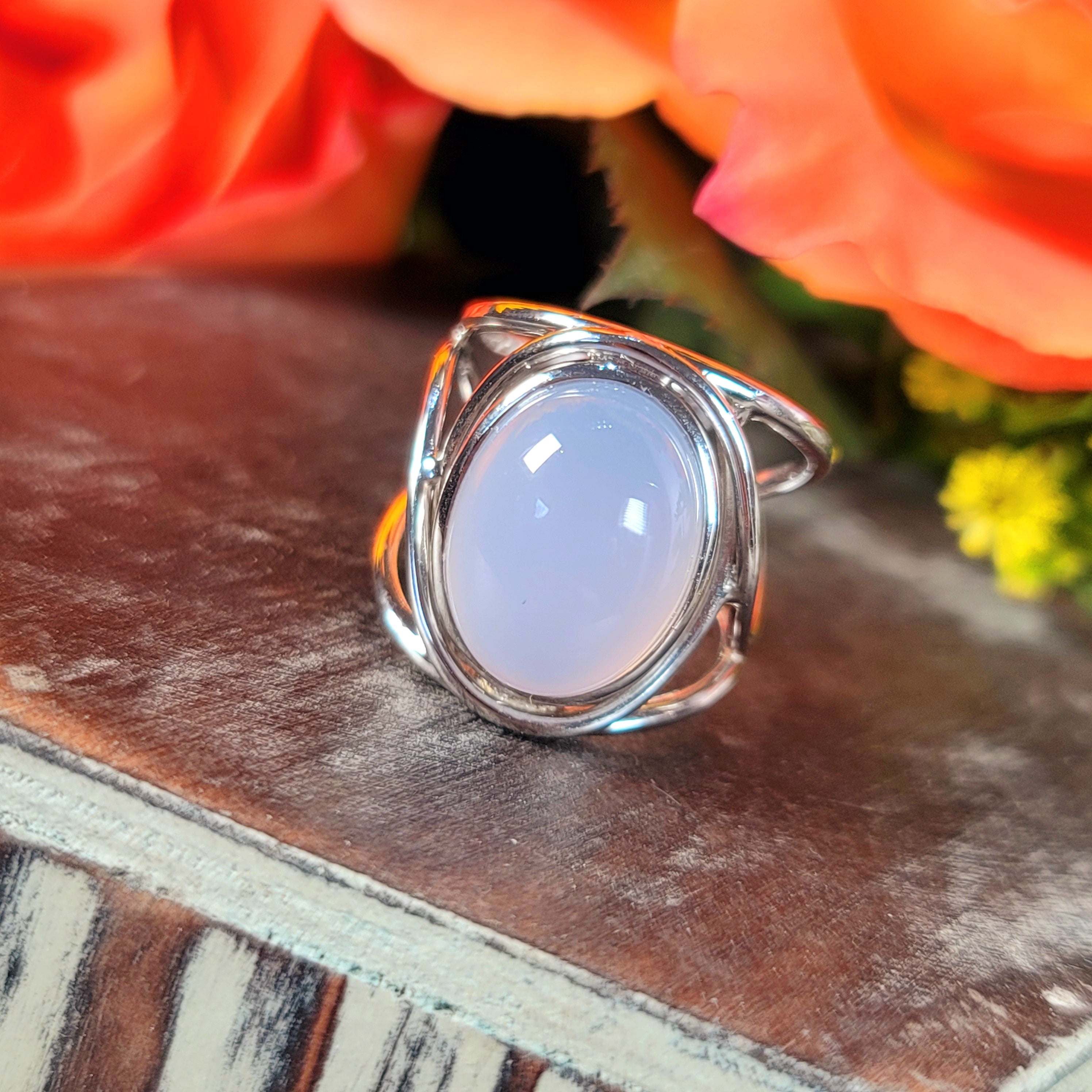 Blue Chalcedony Finger Cuff Adjustable Ring .925 Silver for Soothing the Body, Mind and Spirit