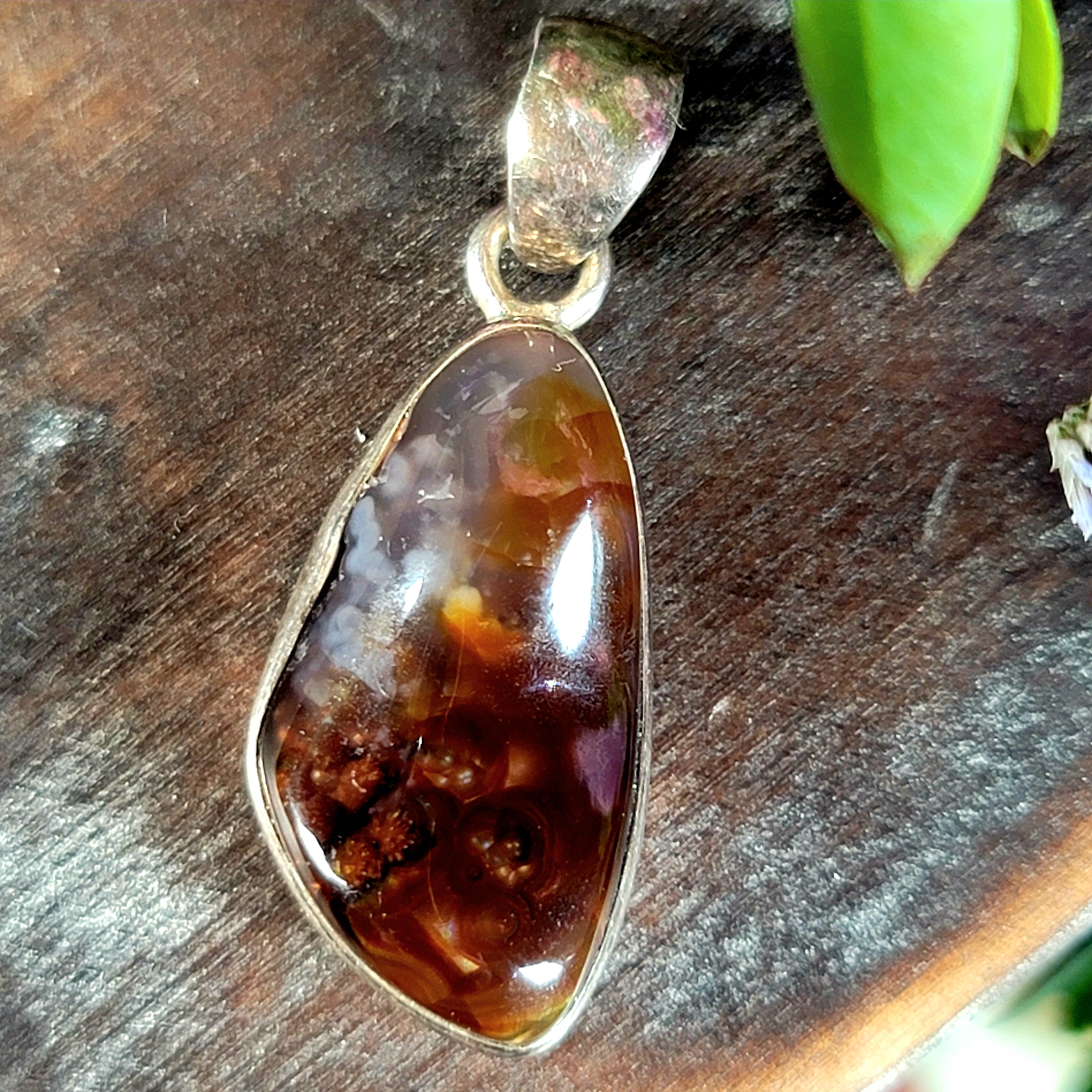 Fire Agate Pendant .925 Silver for Emotional Support, Joy and Self Worth