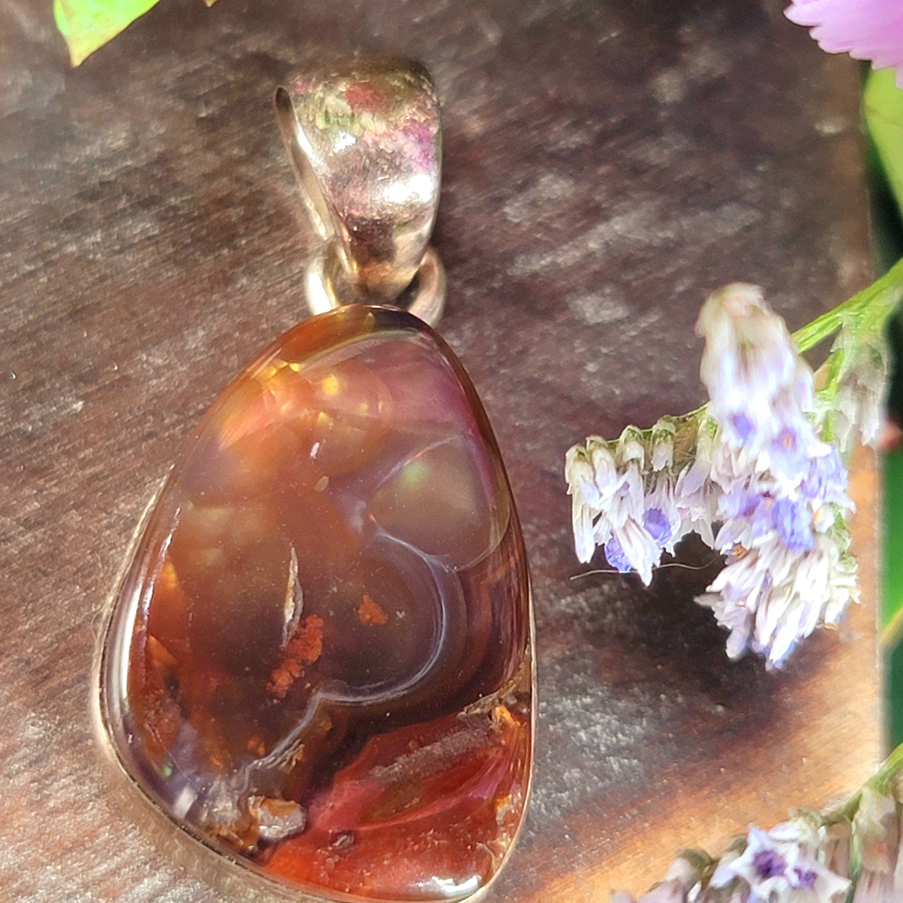 Fire Agate Pendant .925 Silver for Emotional Support, Joy and Self Worth