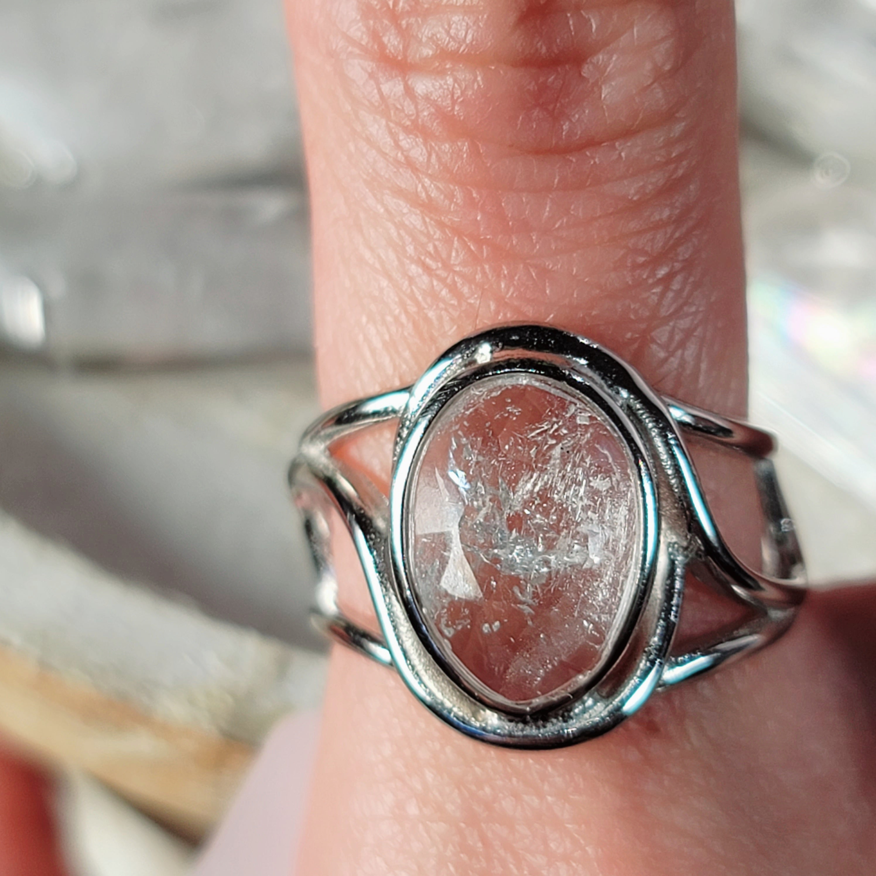Danburite Rose Cut Finger Bracelet .925 Sliver Adjustable for Connection with Higher Realms, Peace and Self Acceptance