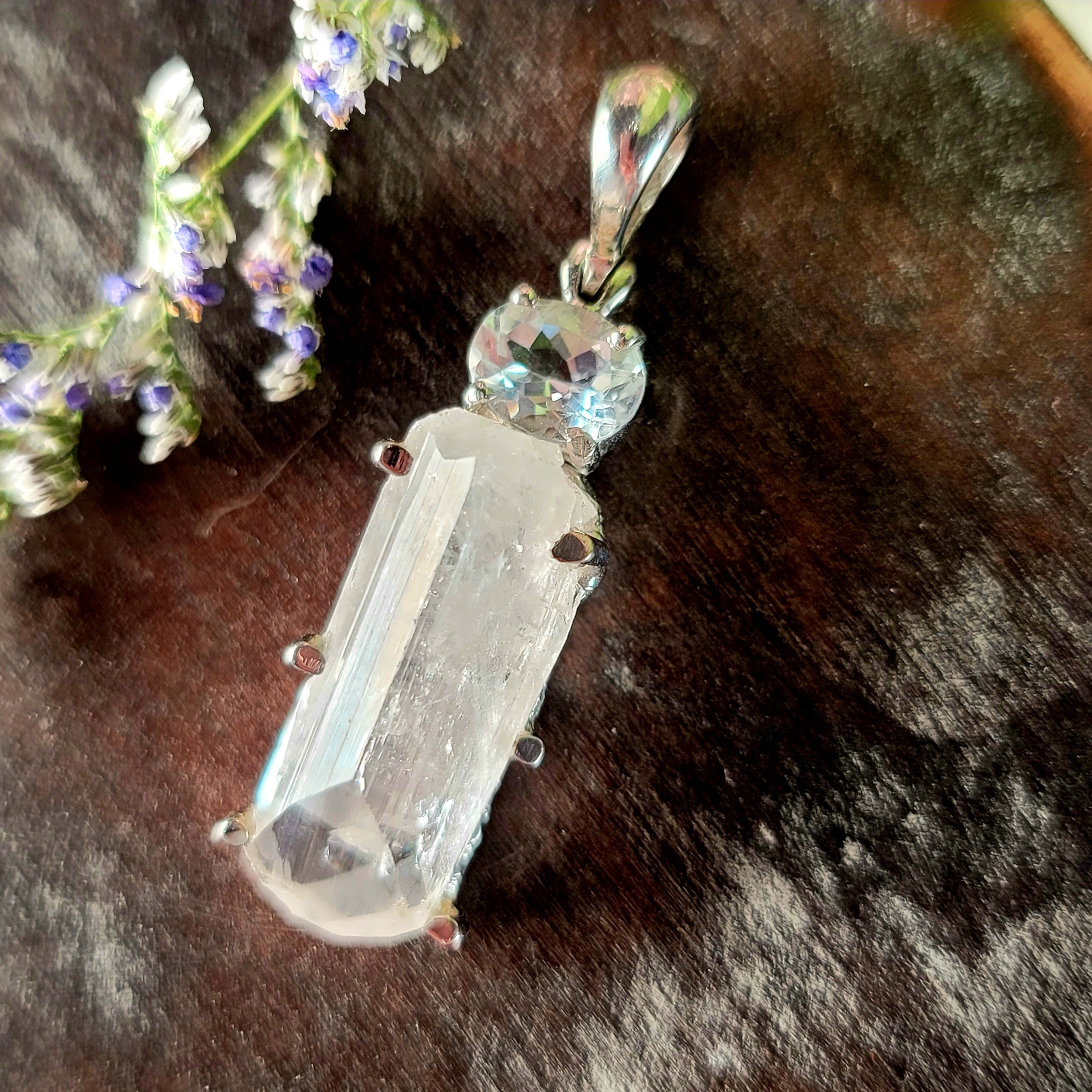 Danburite x White Topaz Pendant .925 Silver for Connection with Higher Realms, Peace and Self Acceptance