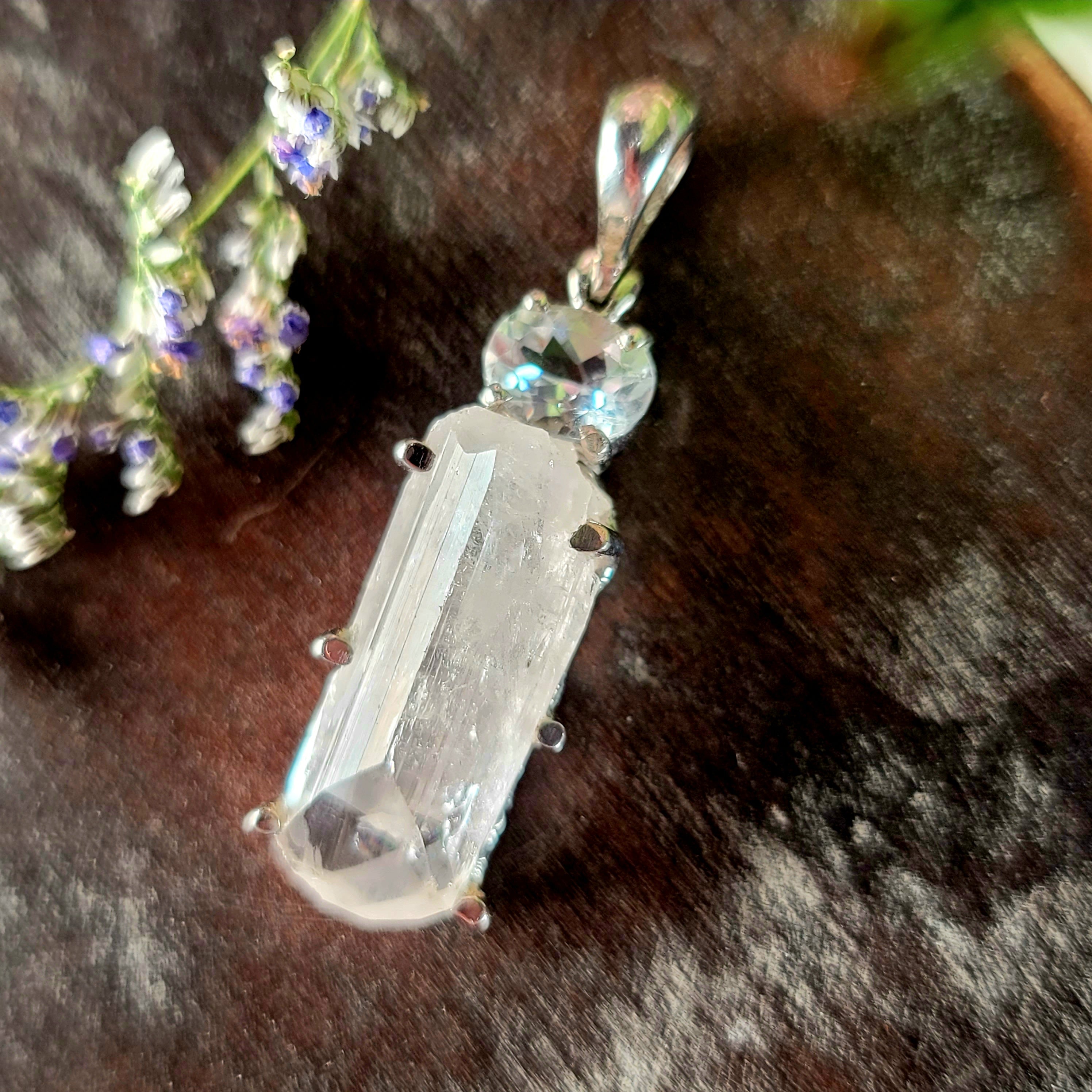 Danburite x White Topaz Pendant .925 Silver for Connection with Higher Realms, Peace and Self Acceptance