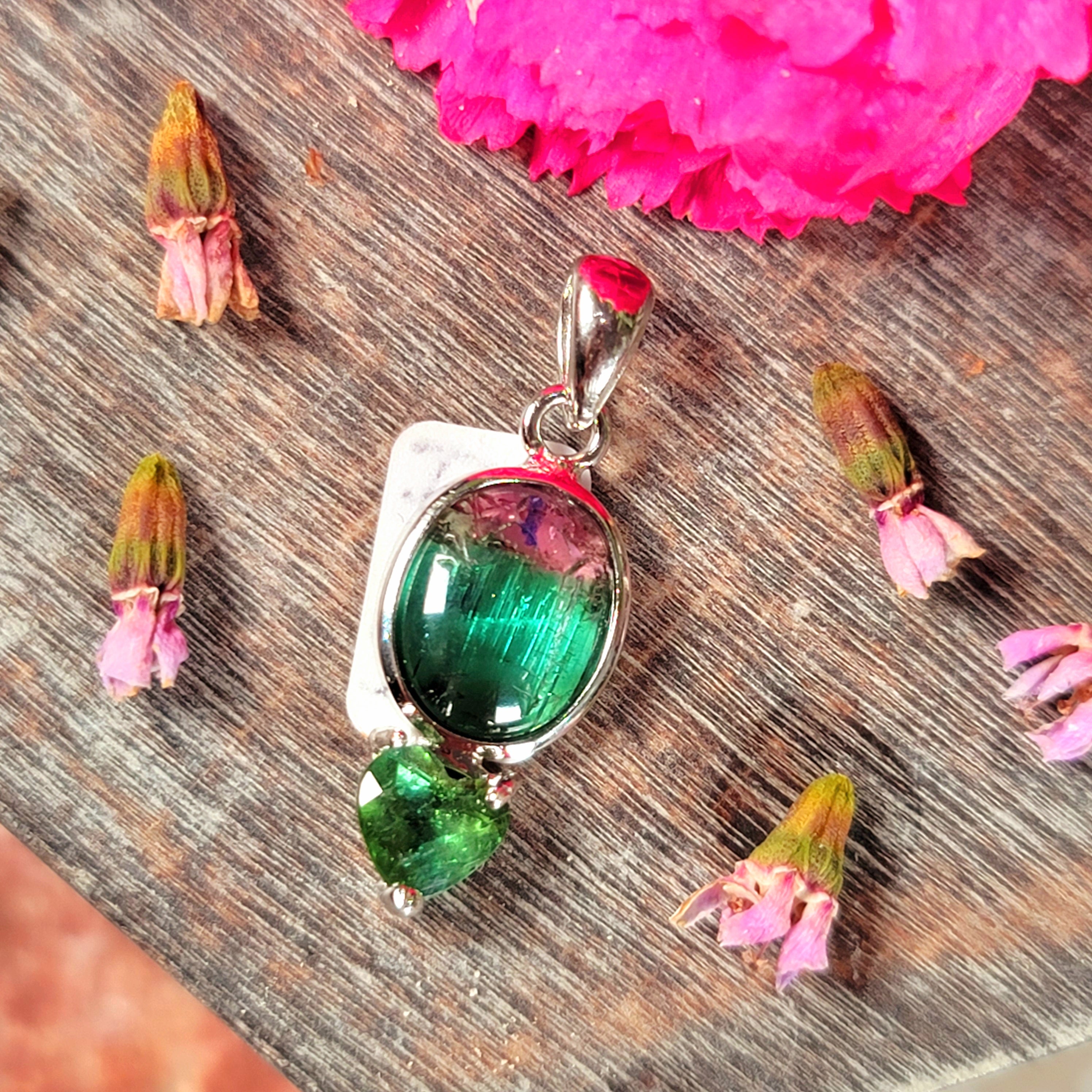 Watermelon & Green Tourmaline Heart Pendant .925 Silver for Removing Insecurities and Helping Inspire Creativity