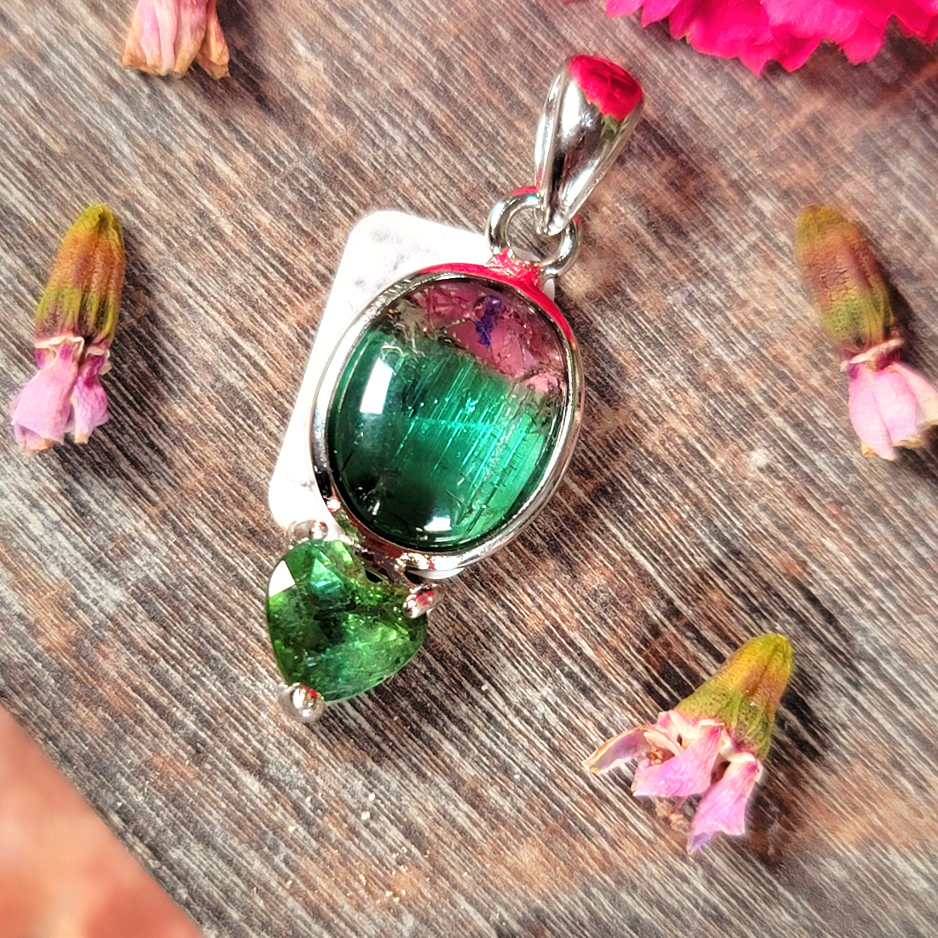 Watermelon & Green Tourmaline Heart Pendant .925 Silver for Removing Insecurities and Helping Inspire Creativity