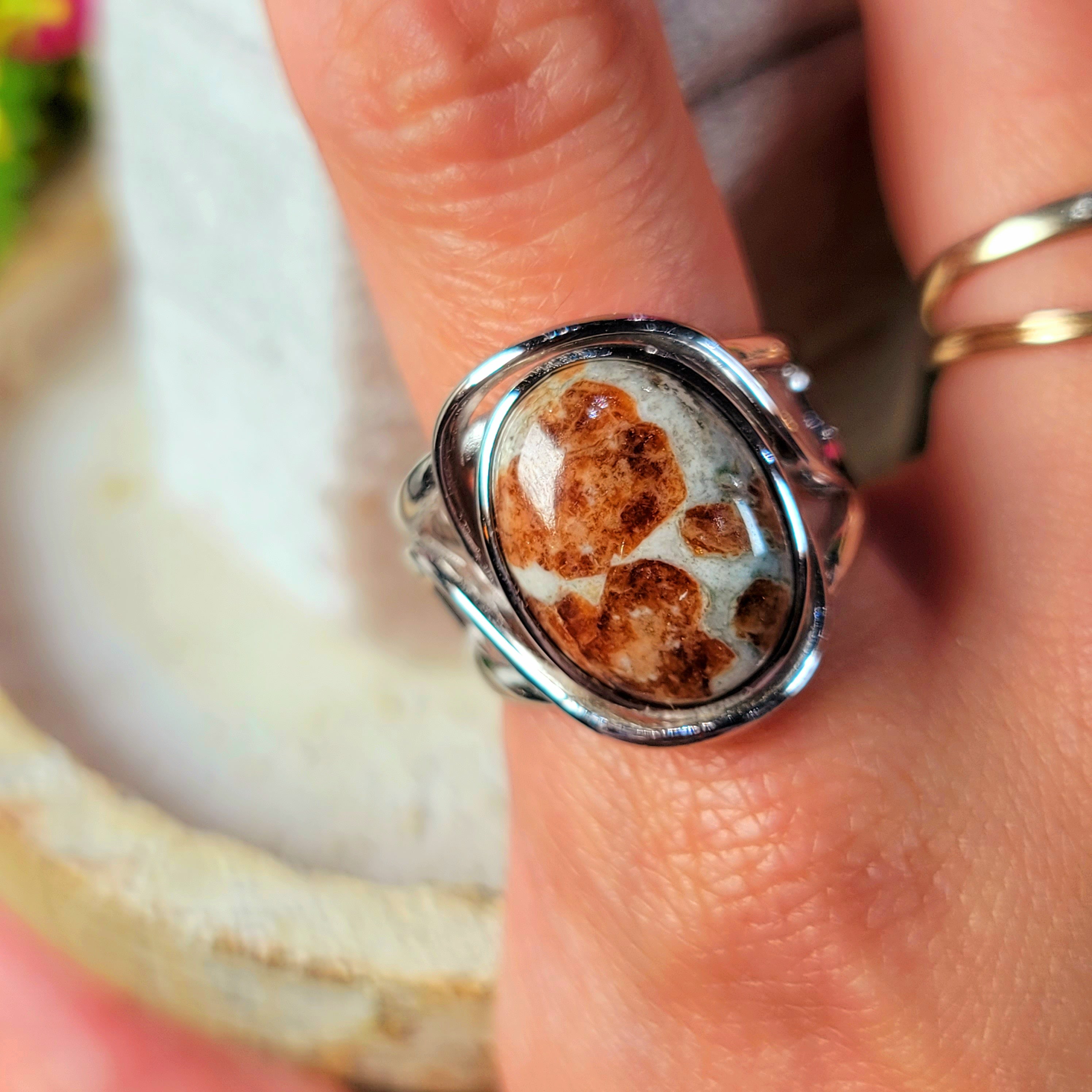 Spessartine Garnet in Wollastonite Finger Cuff Adjustable Ring .925 Silver for Strength, Courage & Achievement