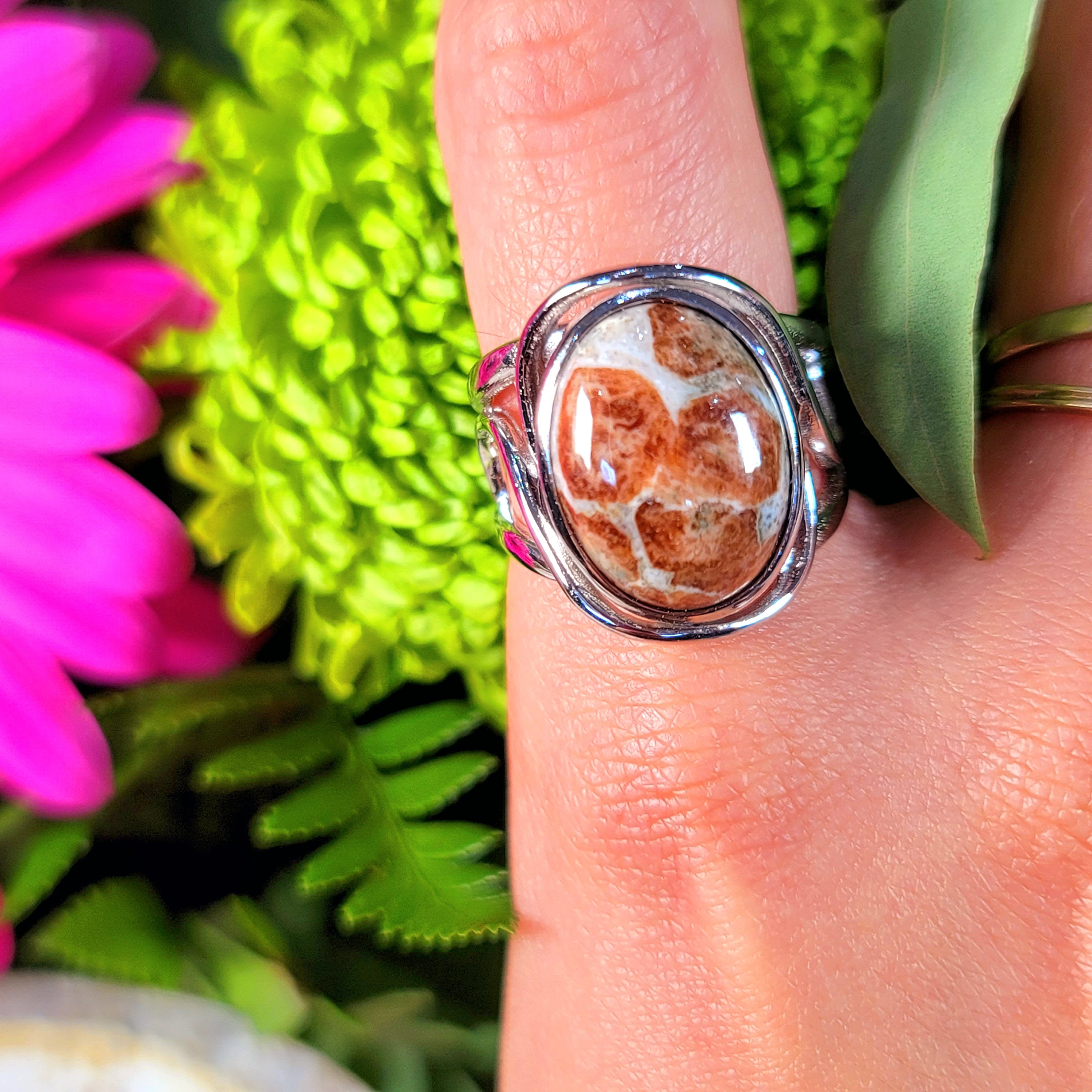Spessartine Garnet in Wollastonite Finger Cuff Adjustable Ring .925 Silver for Strength, Courage & Achievement