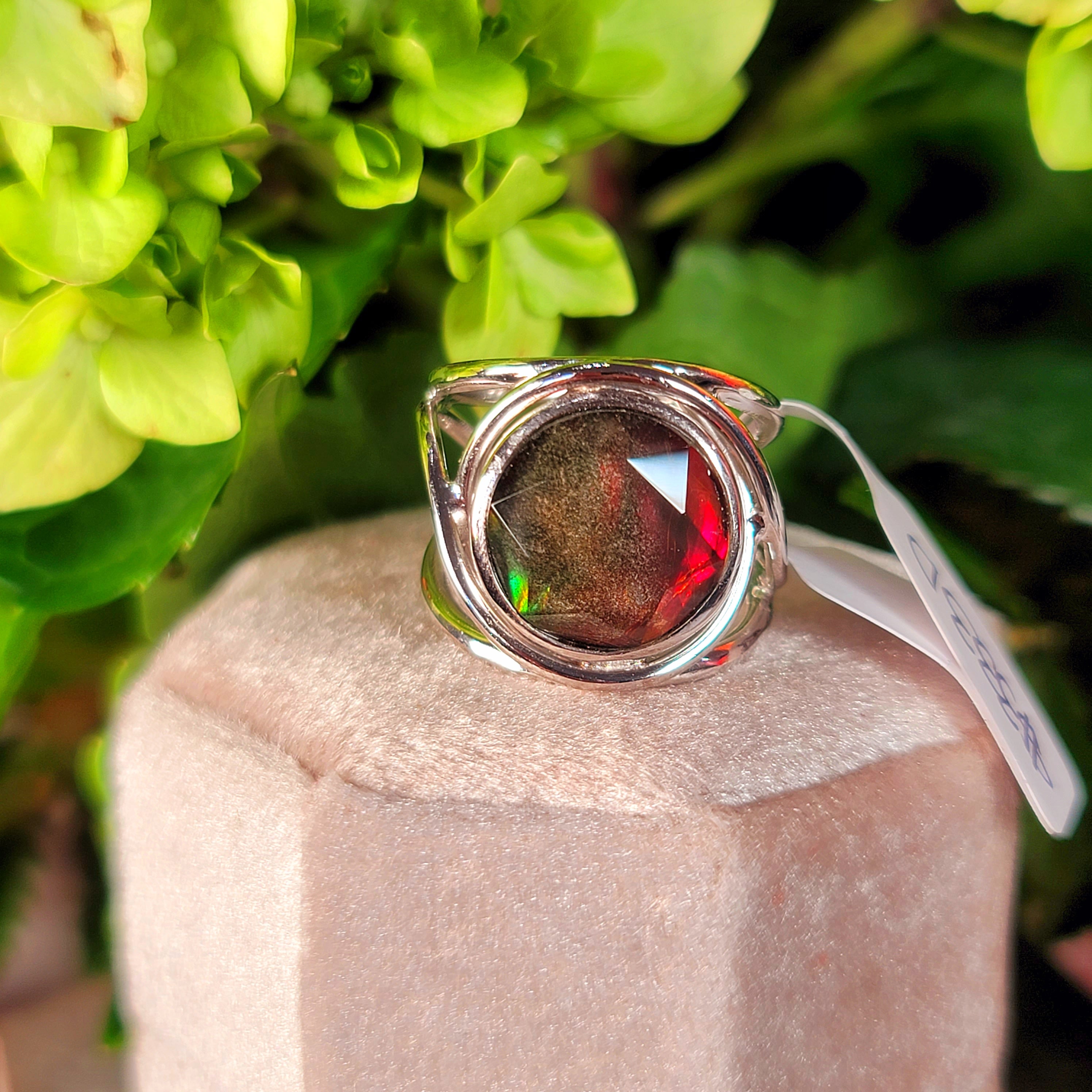 Ammolite Merkaba Finger Cuff Adjustable Ring .925 Sterling Silver for Good Luck, Prosperity and Protection