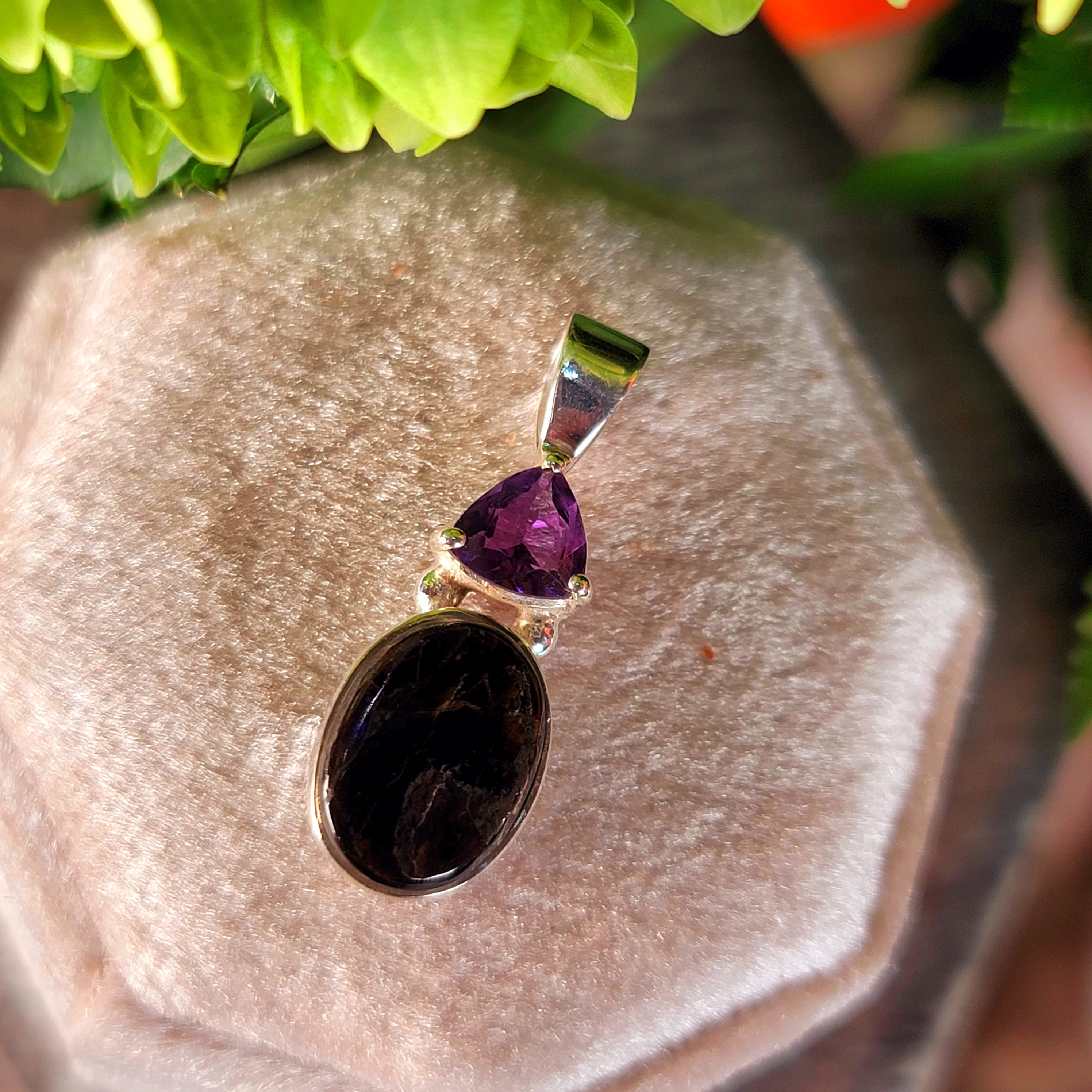Ammolite x Amethyst Pendant .925 Silver for Good Luck, Prosperity and Protection