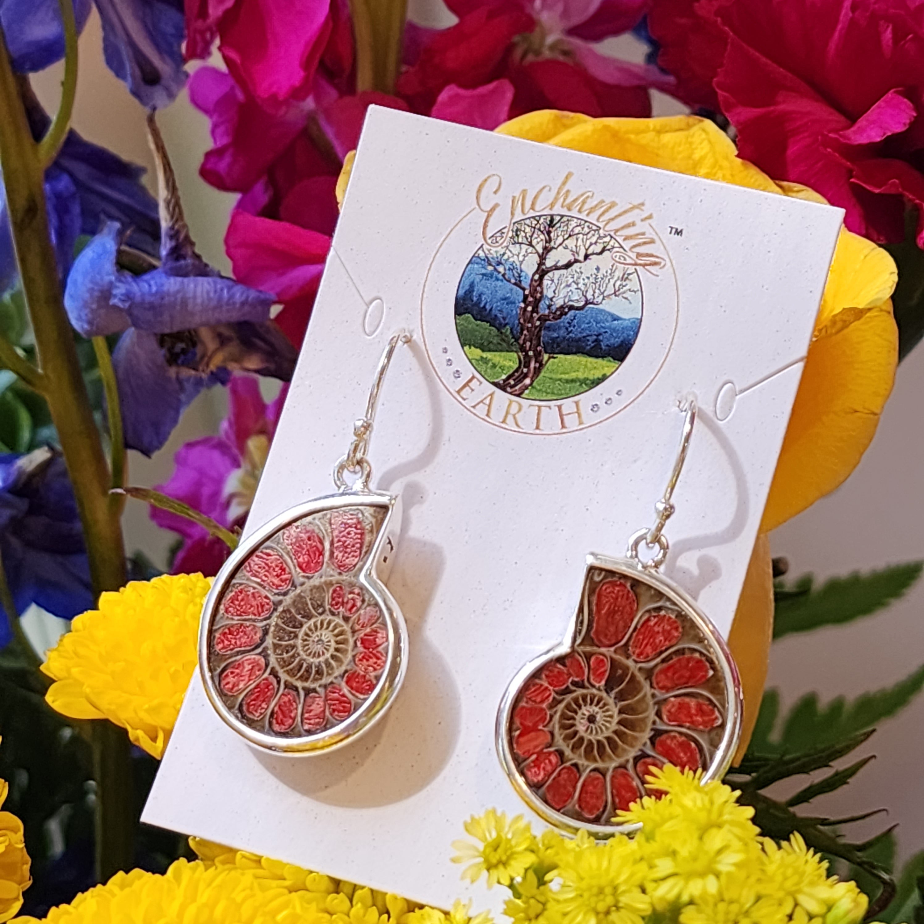 Ammonite with Red Coral Inlay Earrings .925 Silver for Good Luck, Prosperity and Protection