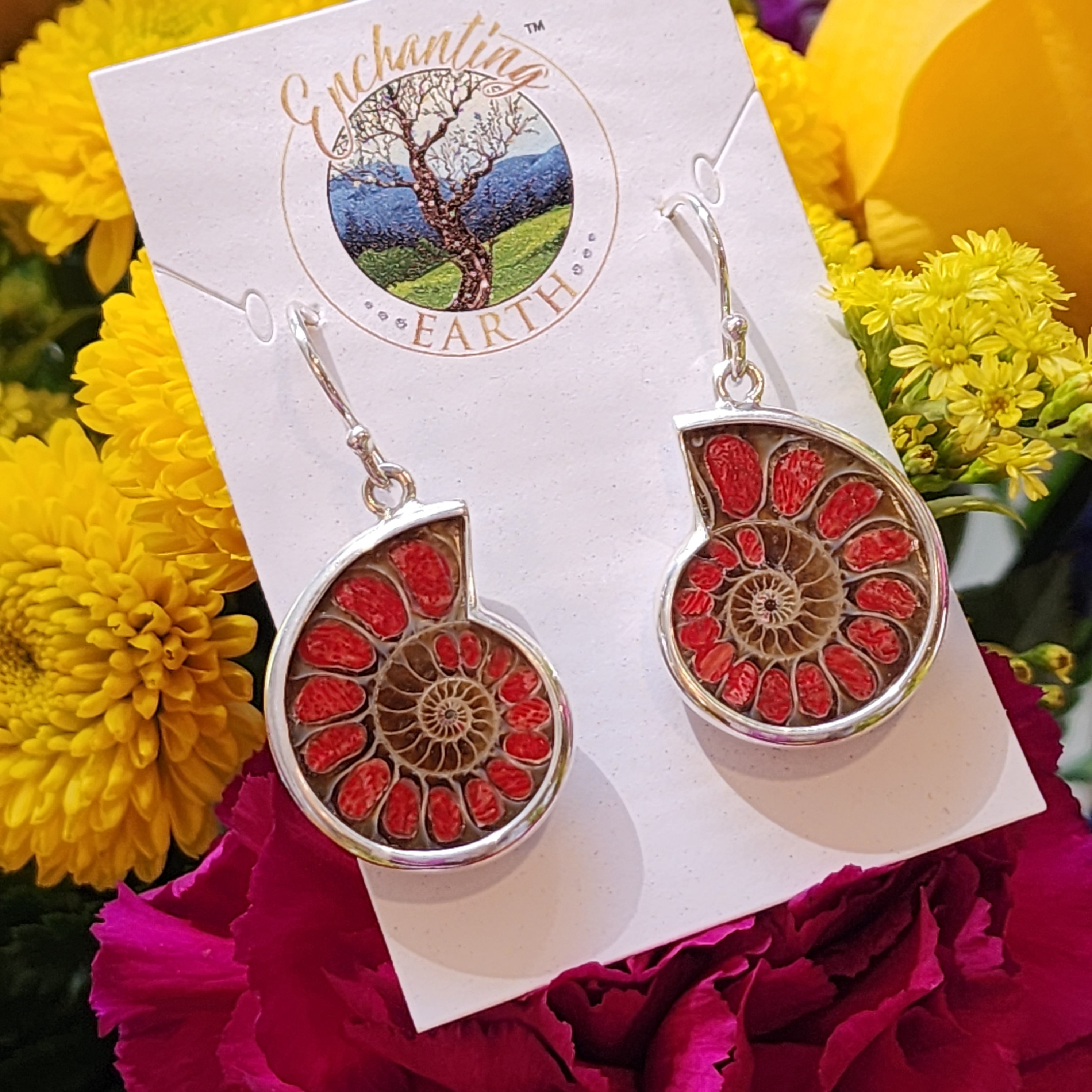 Ammonite with Red Coral Inlay Earrings .925 Silver for Good Luck, Prosperity and Protection