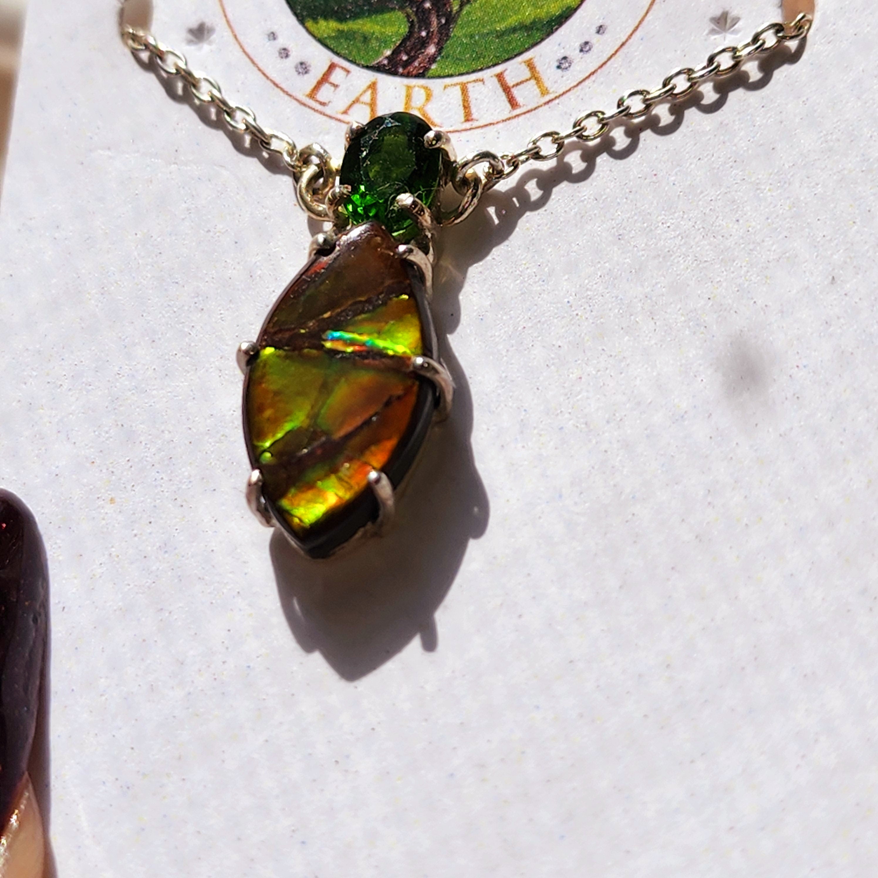 Ammolite x Green Tourmaline Necklace .925 Silver for Good Luck, Prosperity and Protection