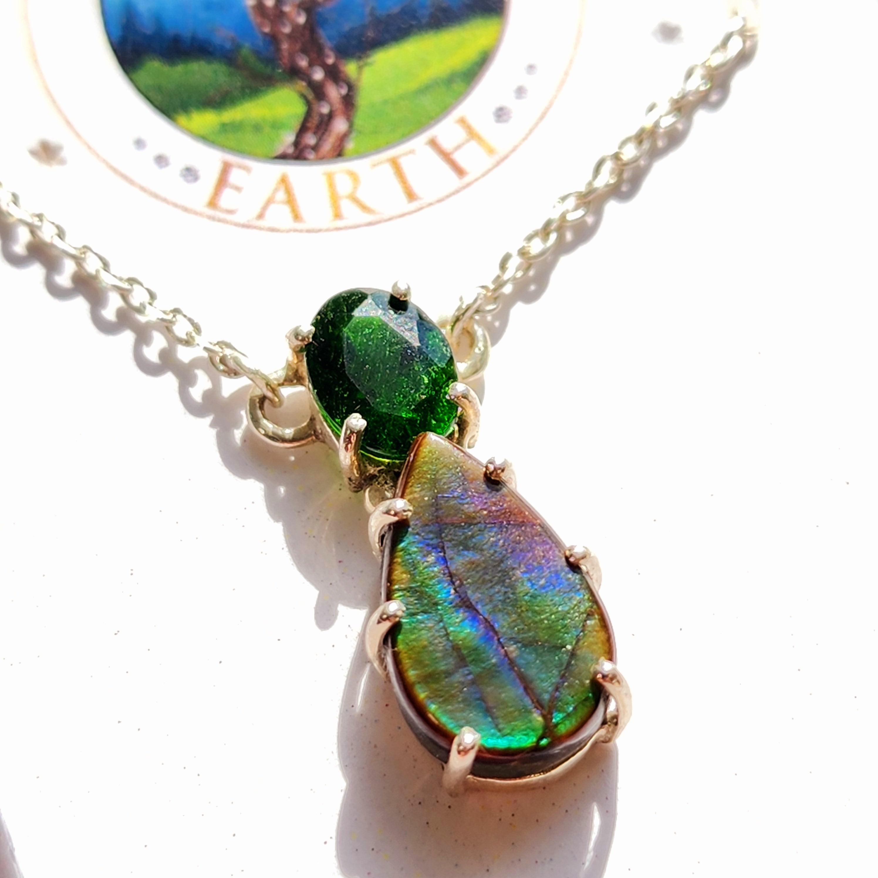 Ammolite x Green Tourmaline Necklace .925 Silver for Good Luck, Prosperity and Protection