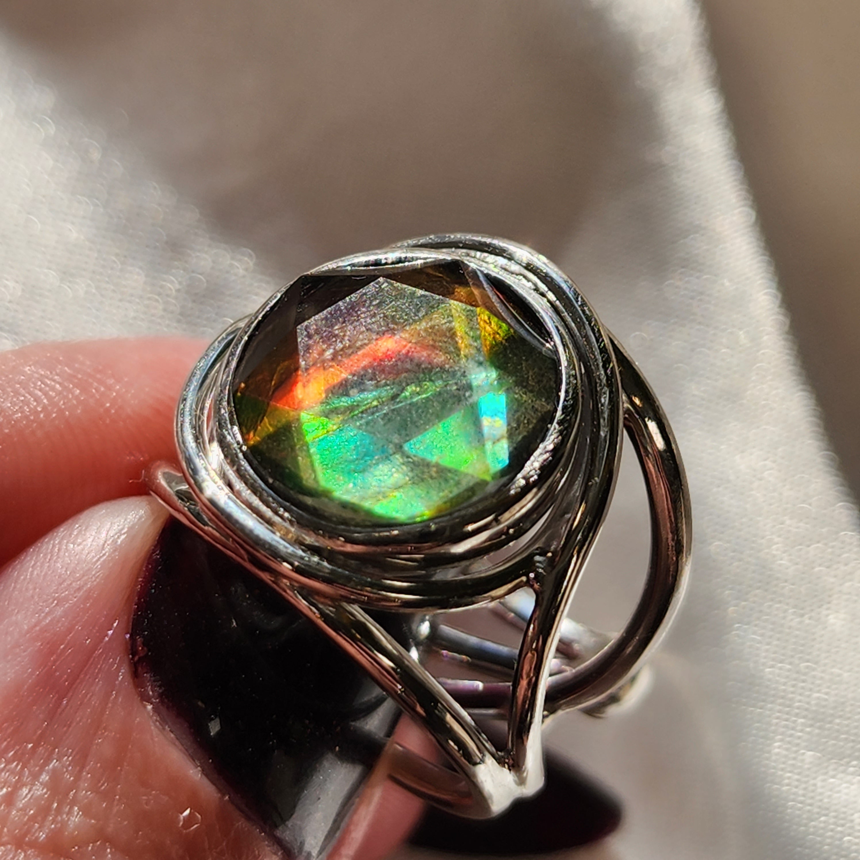 Ammolite Merkaba Finger Cuff Adjustable Ring .925 Sterling Silver for Good Luck, Prosperity and Protection