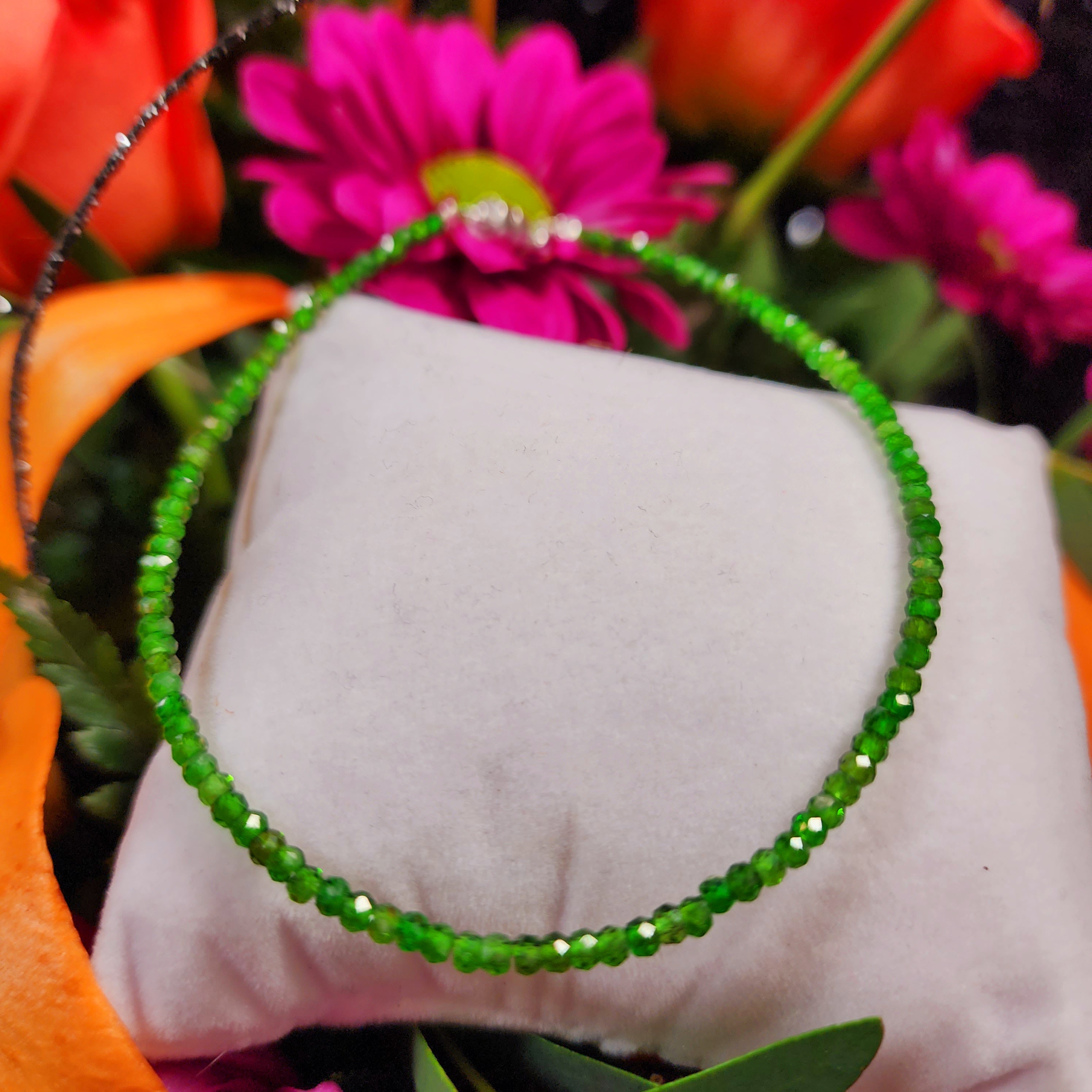 Chrome Diopside Micro Faceted Anklet .925 Silver for Compassion, Heart Healing and Forgiveness