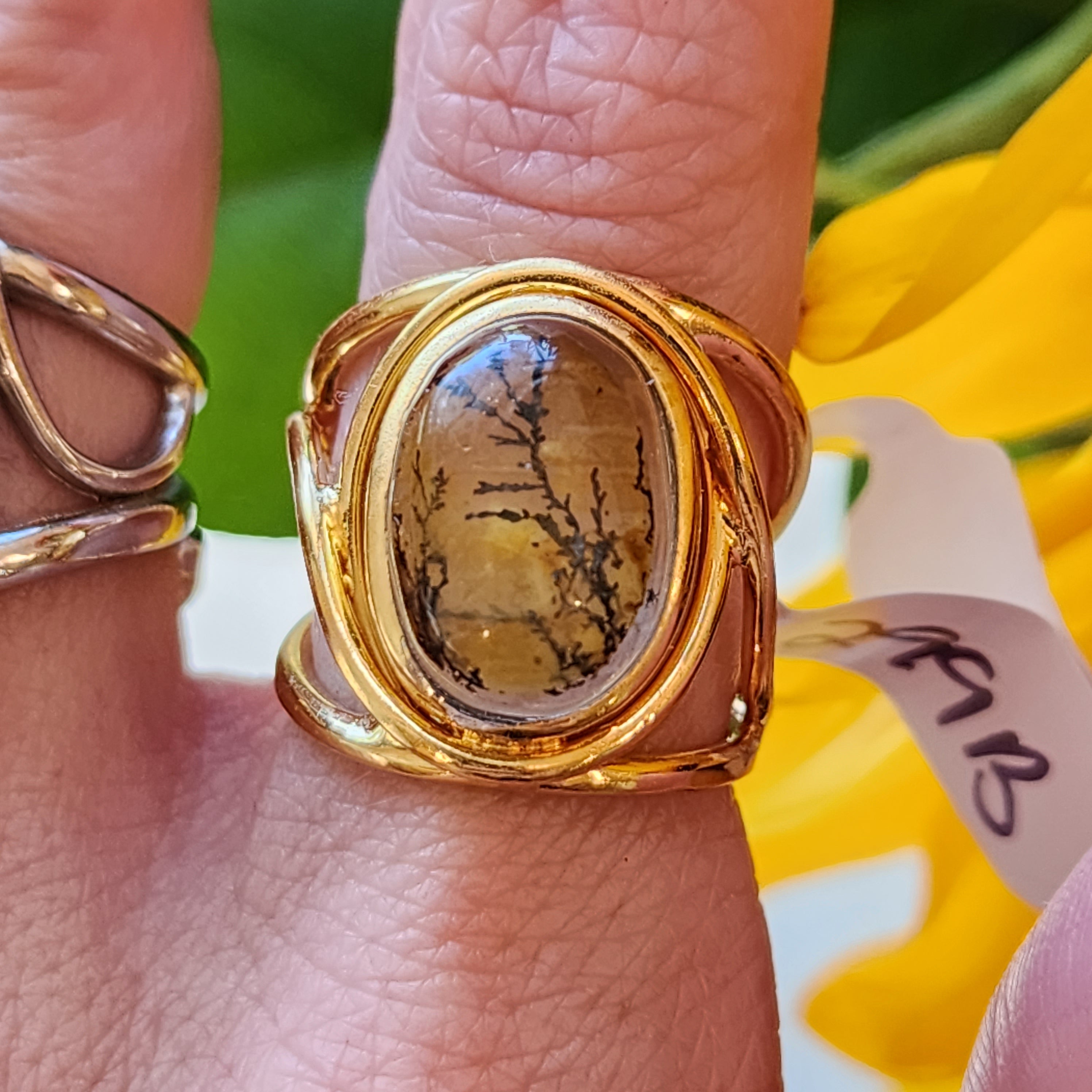 Dendritic Girasol Quartz with Golden Healer Finger Cuff Adjustable Ring 24K Gold Plated .925 Silver for Master Healing, Grounding & Transformation