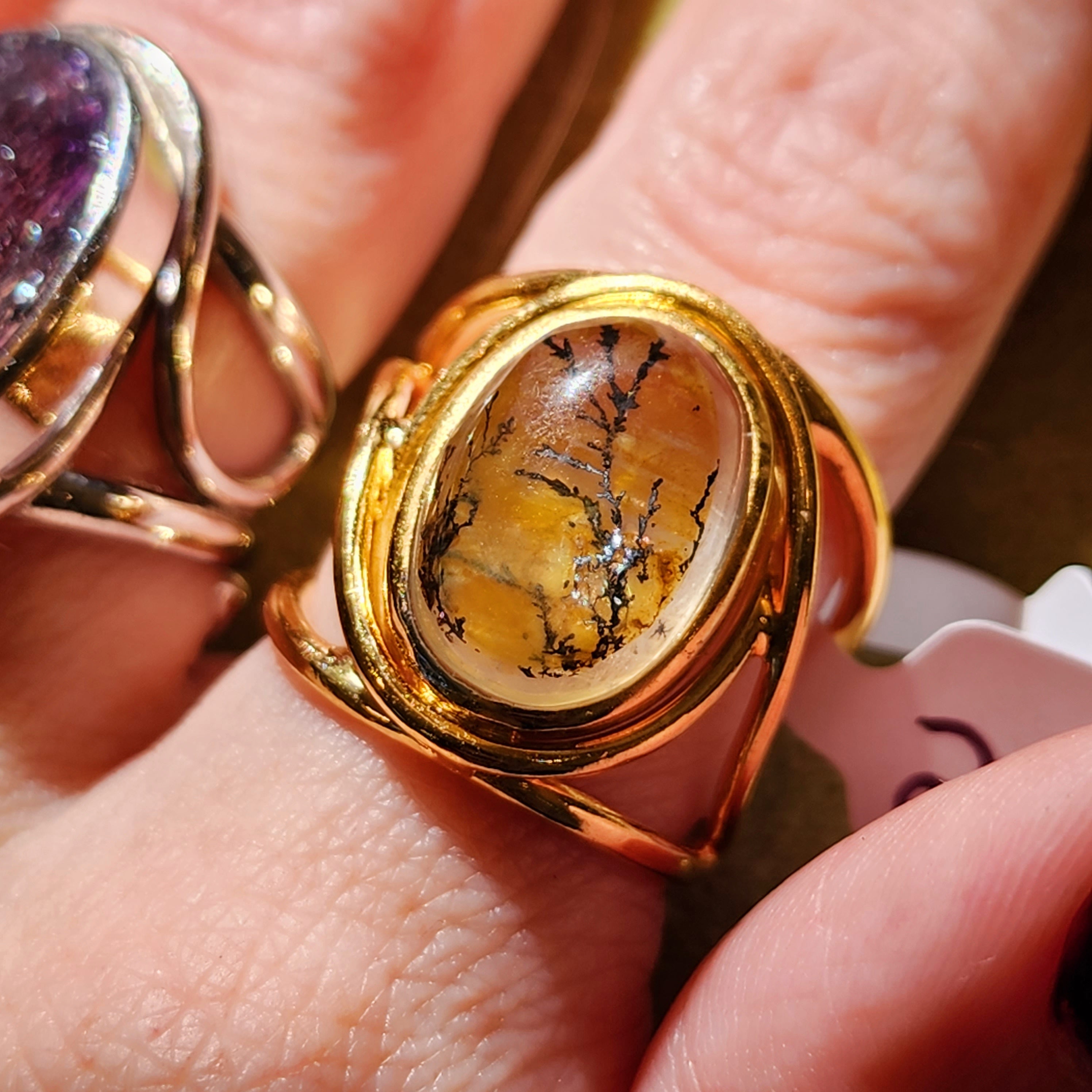 Dendritic Girasol Quartz with Golden Healer Finger Cuff Adjustable Ring 24K Gold Plated .925 Silver for Master Healing, Grounding & Transformation