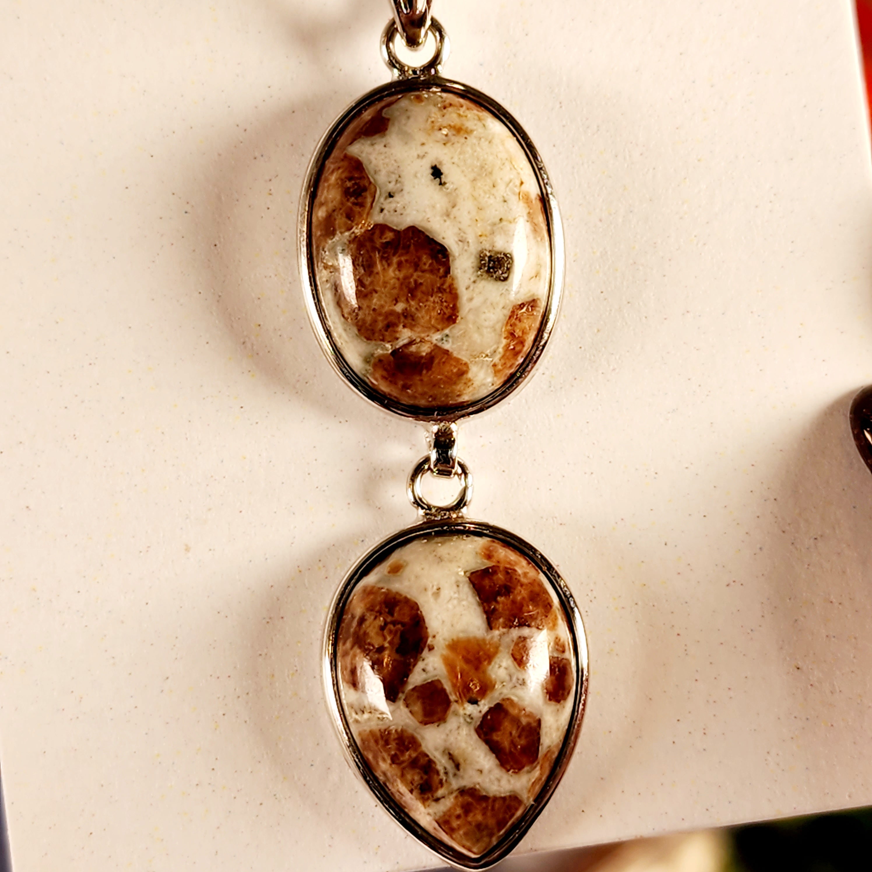 Spessartine Garnet in Wollastonite Double Pendant .925 Silver for Strength, Courage and Achievement