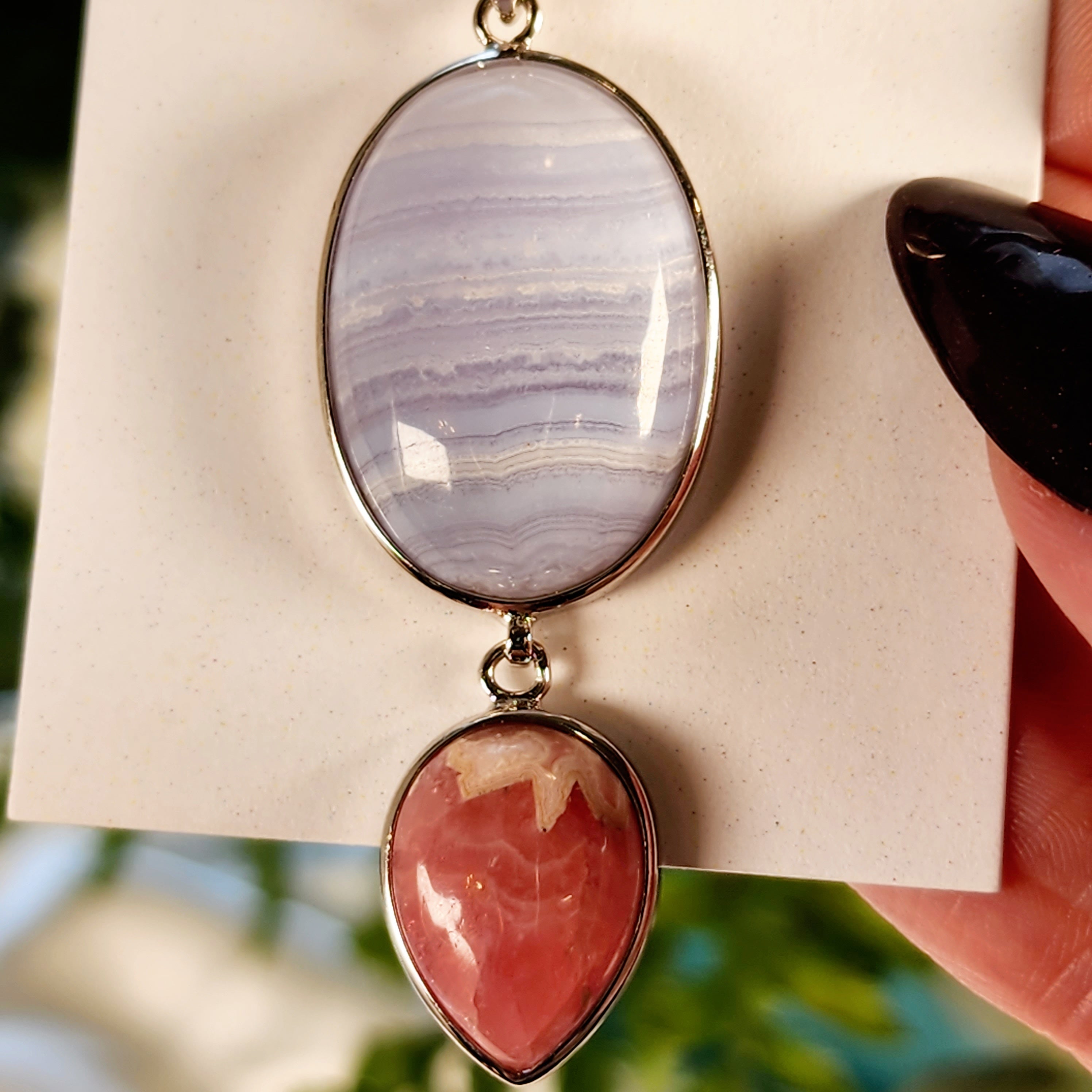 Blue Lace Agate x Rhodochrosite Pendant .925 Silver for Loving and Honest Communication