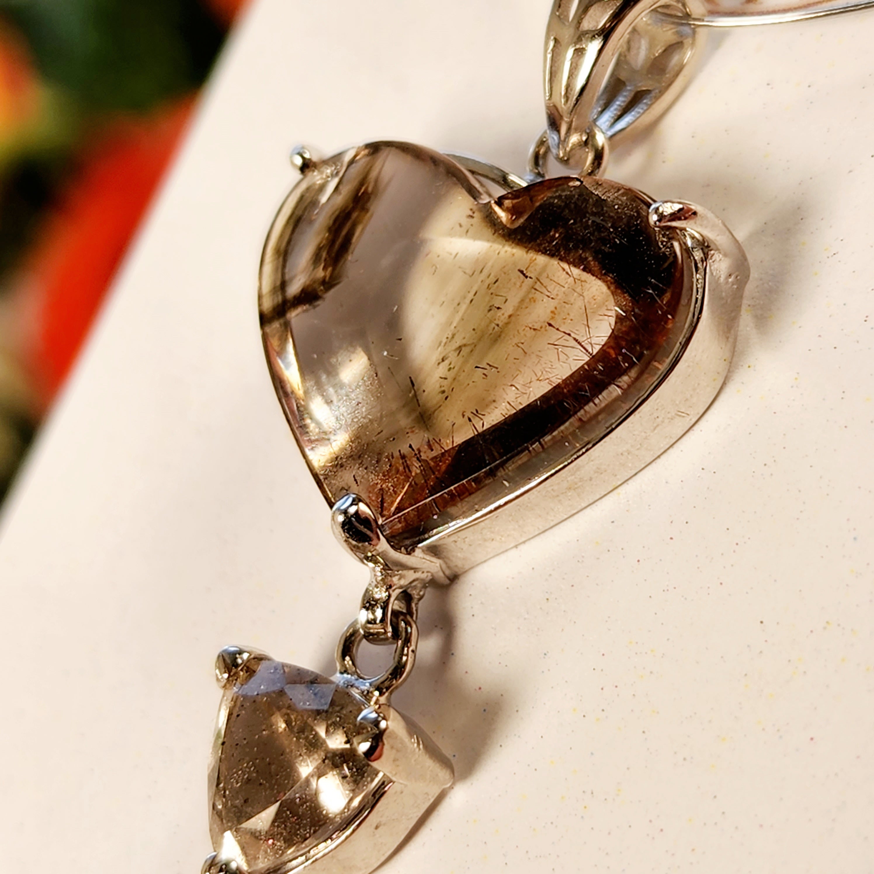 Pink Fire Covellite in Quartz Heart Double Pendant .925 Silver for Spiritual Evolution and Energy Flow