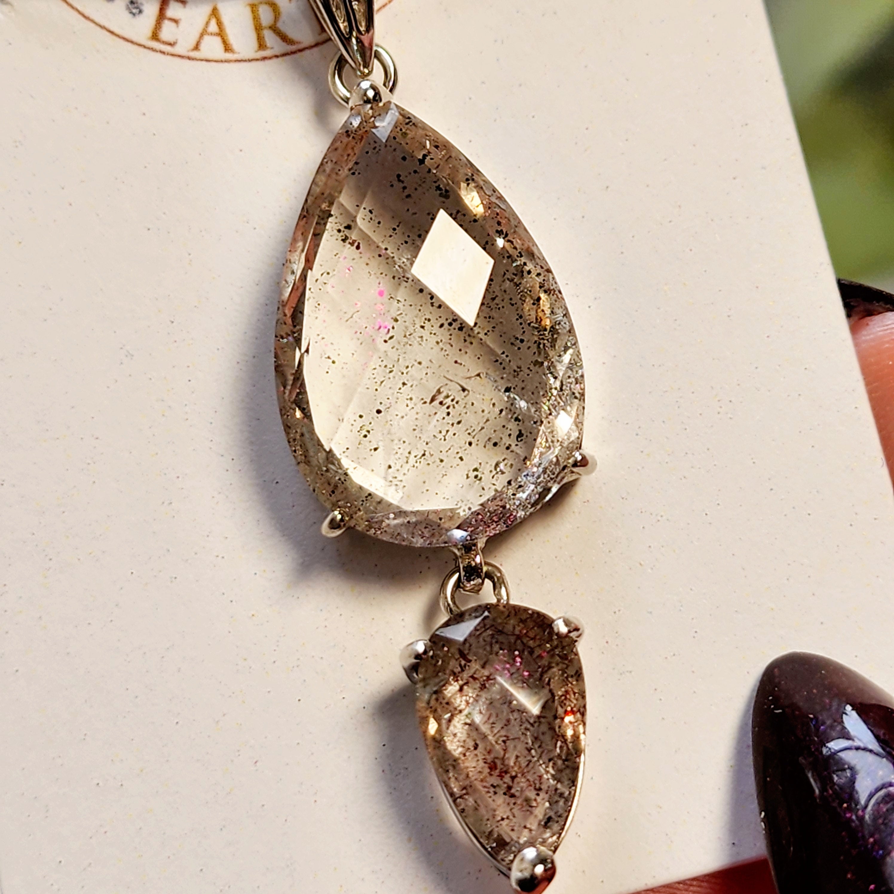 Pink Fire Covellite in Quartz Double Pendant .925 Silver for Spiritual Evolution and Energy Flow