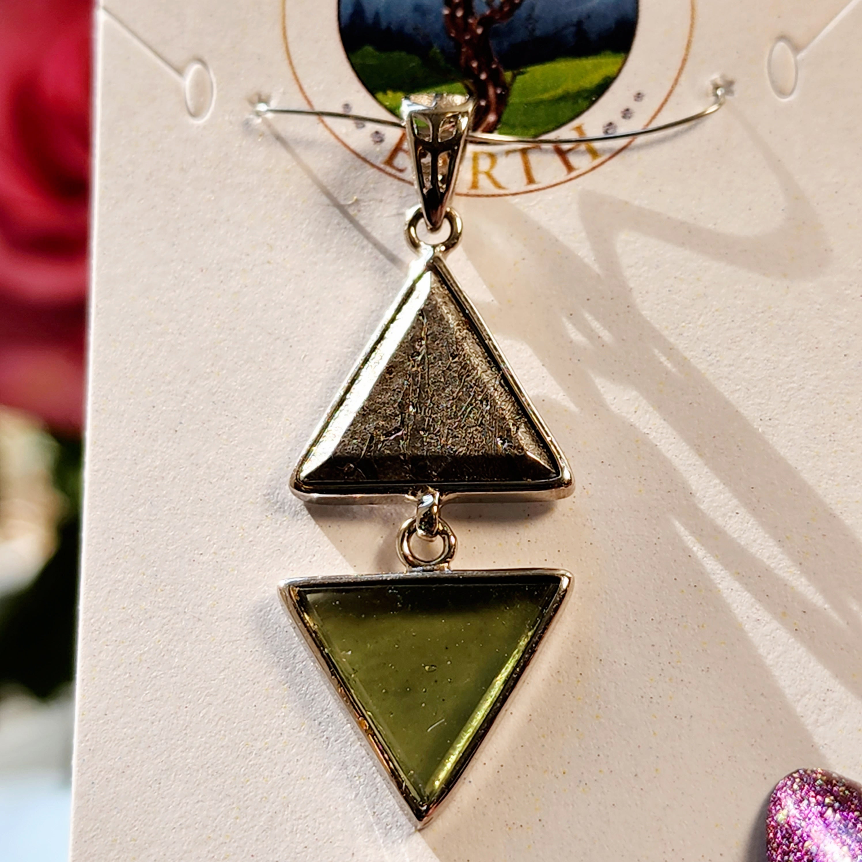Moldavite & Meteorite Triangle Manifestation Pendant .925 Silver for Manifesting your Desires and Powerful Transformation