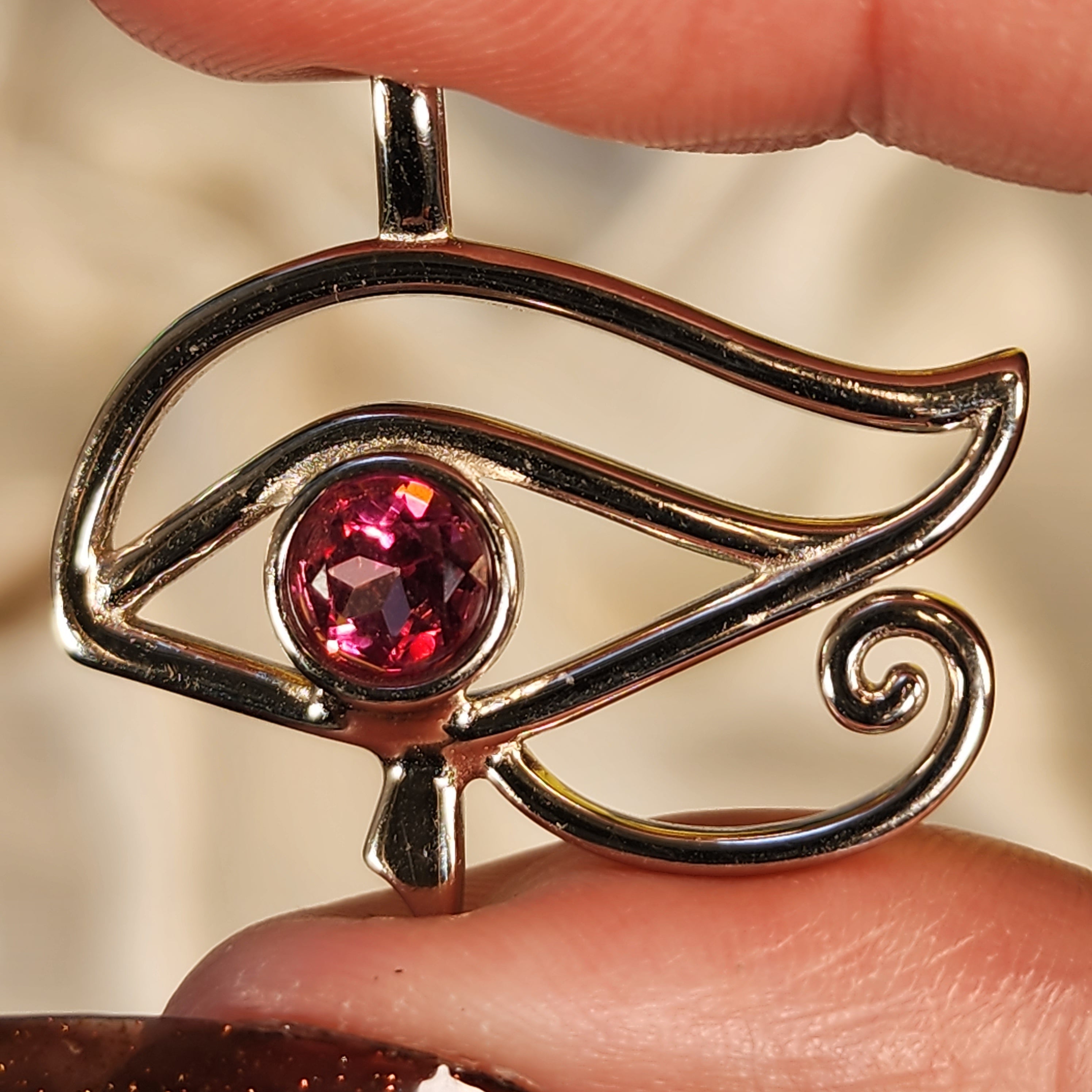 Pink Topaz Eye of Horus Amulet Pendant .925 Silver for Renewal, Healthy Relationships and Attracting Love