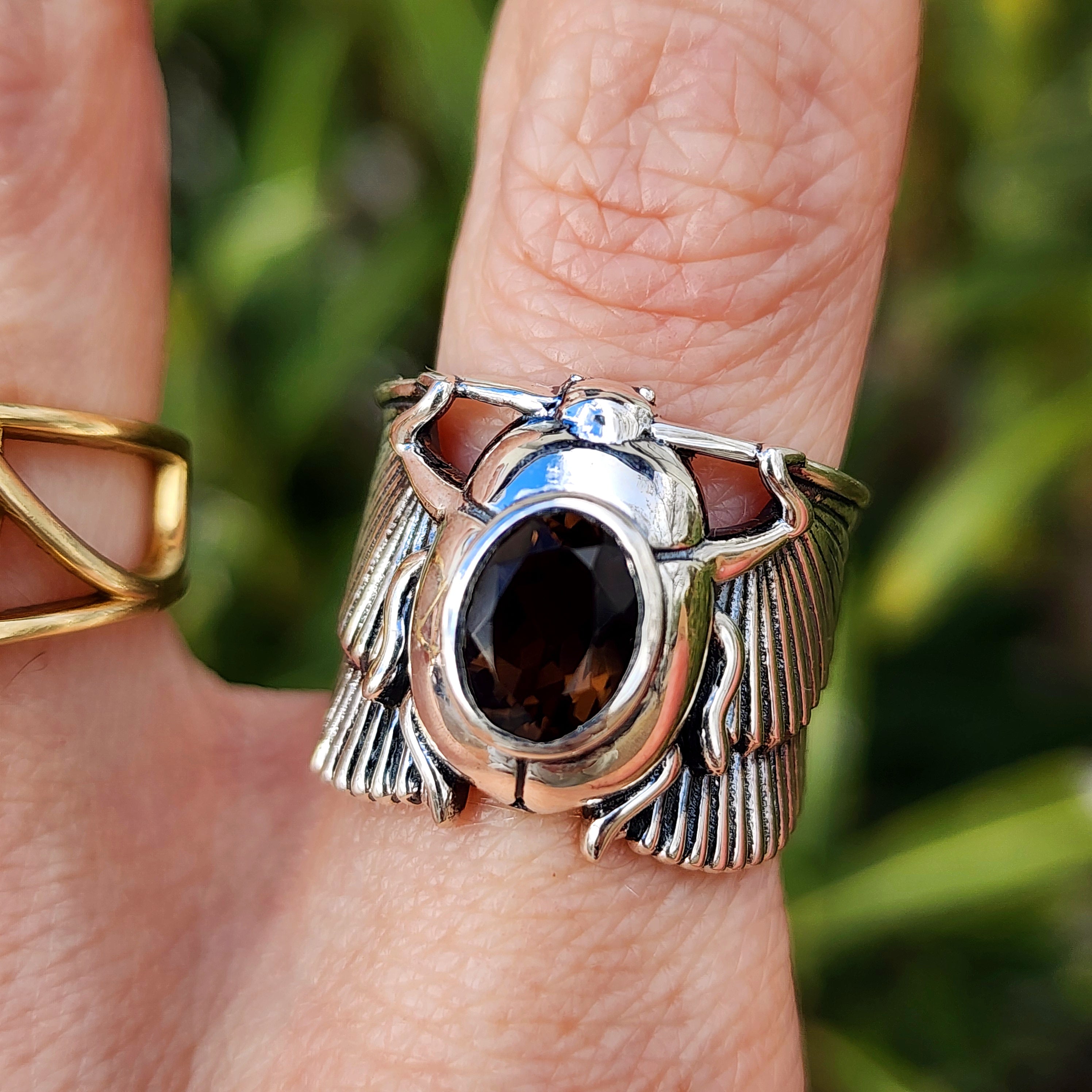 Smoky Quartz Scarab Finger Cuff Adjustable Ring .925 Silver for Energy Cleansing, Manifestation and Protection