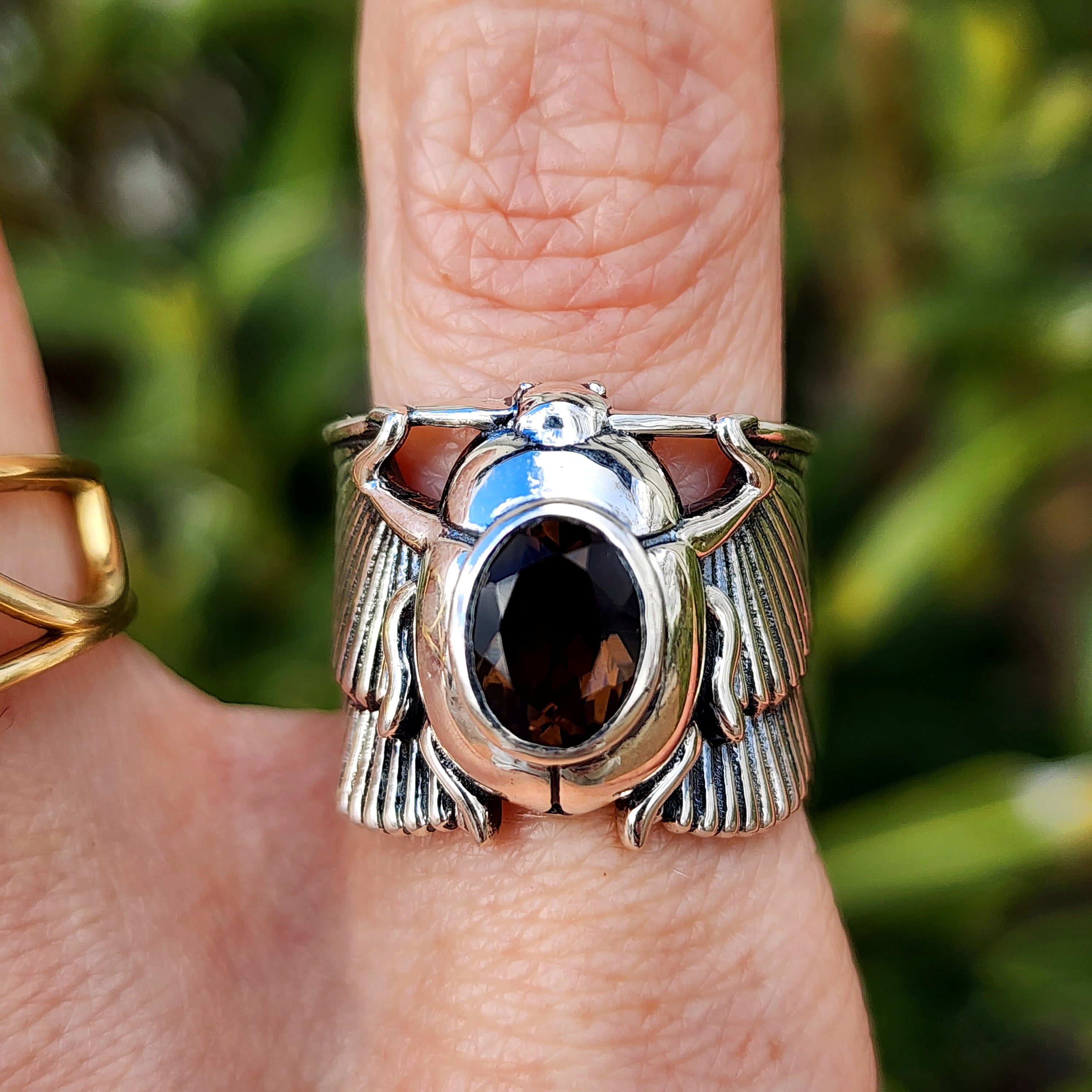 Smoky Quartz Scarab Finger Cuff Adjustable Ring .925 Silver for Energy Cleansing, Manifestation and Protection