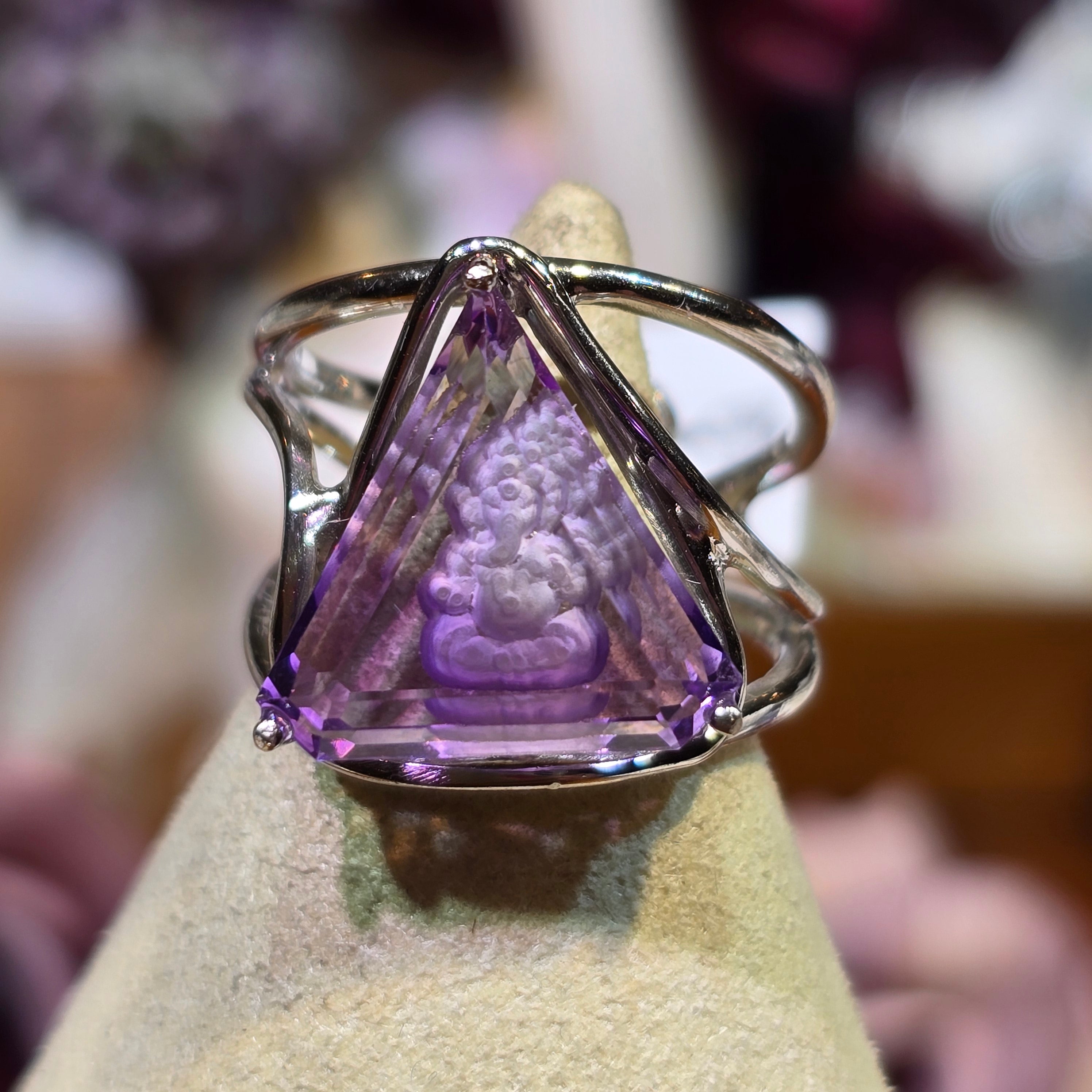 Amethyst Ganesha Finger Cuff Adjustable Ring .925 Silver for Divine Connection and Clearing Blockages