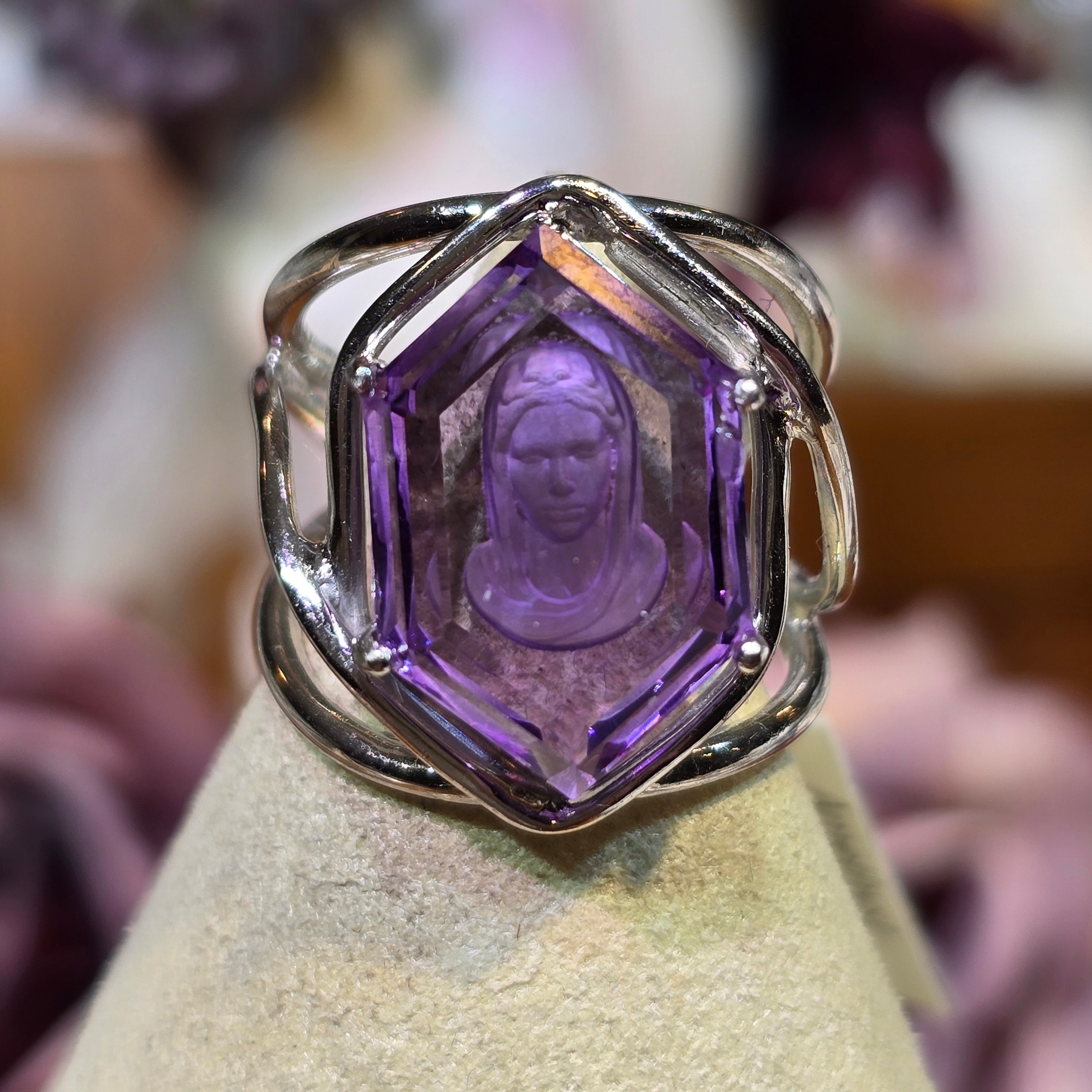 Amethyst Mother Mary Finger Cuff Adjustable Ring .925 Silver for Divine Connection and Energy Purification