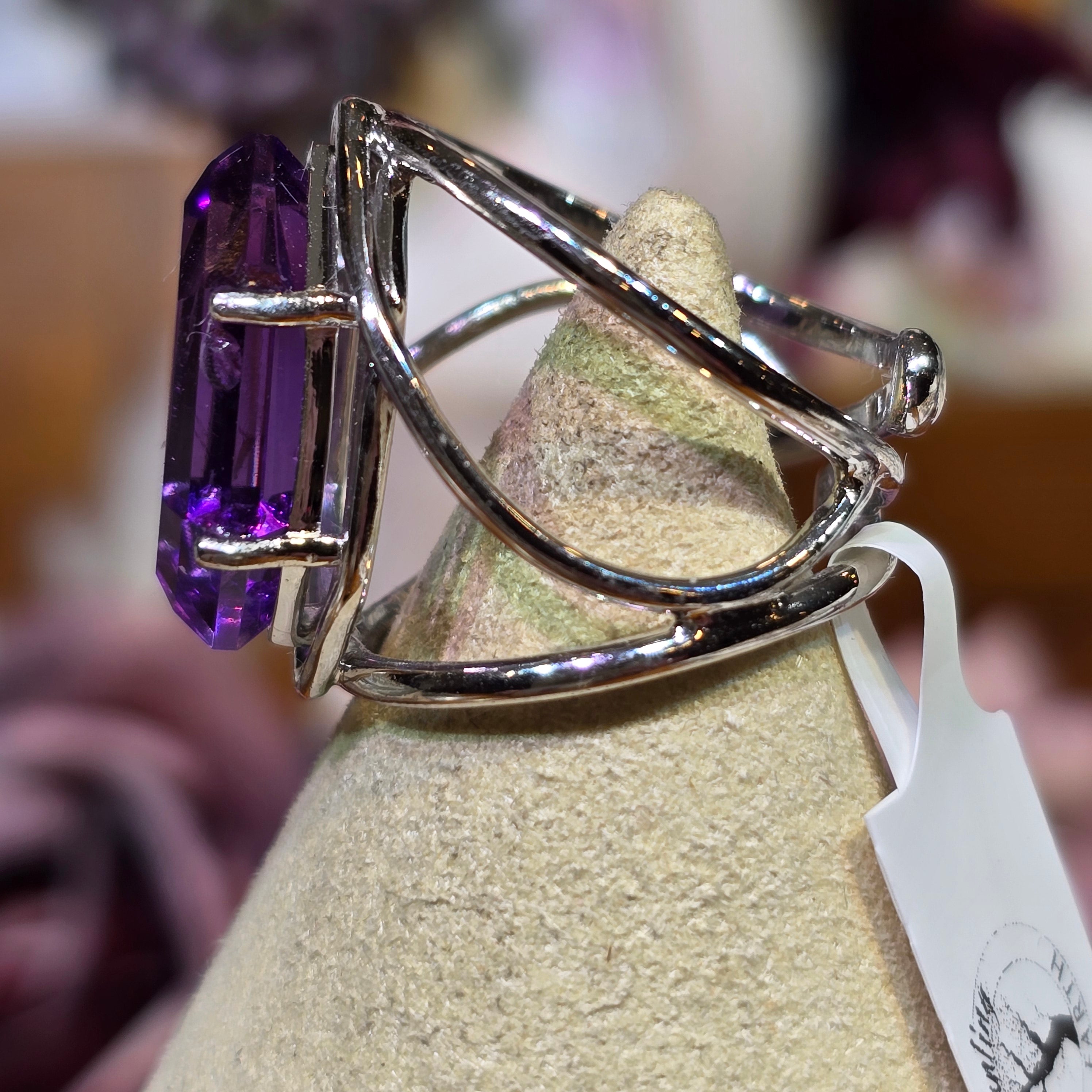 Amethyst Mother Mary Finger Cuff Adjustable Ring .925 Silver for Divine Connection and Energy Purification