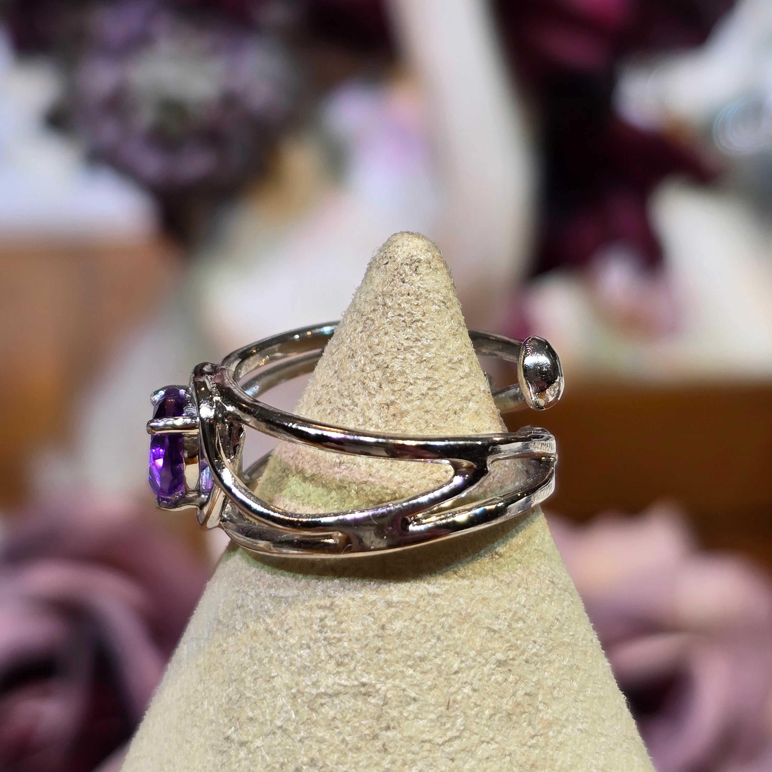 Amethyst Heart Midi Adjustable Finger Cuff Ring .925 Silver for Divine Connection, Intuition and Energy Purification
