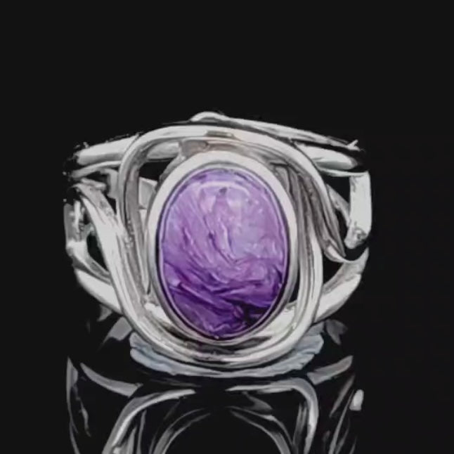 Charoite Finger Cuff Adjustable Ring .925 Silver for Enhancing your Intuitive Gifts and Spiritual Transformation