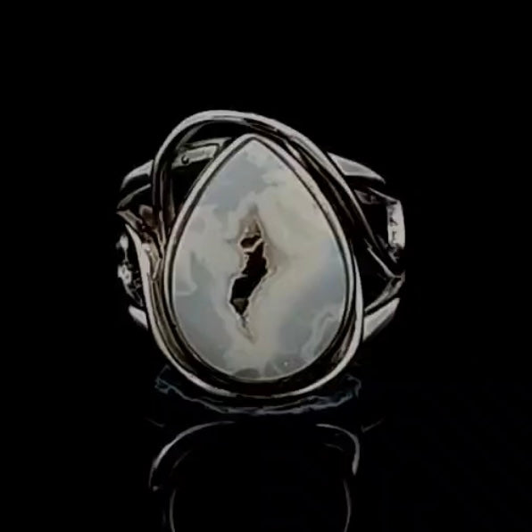 Druzy White Plume Agate Finger Cuff Adjustable Ring .925 Silver for Peace and Soothing Stress