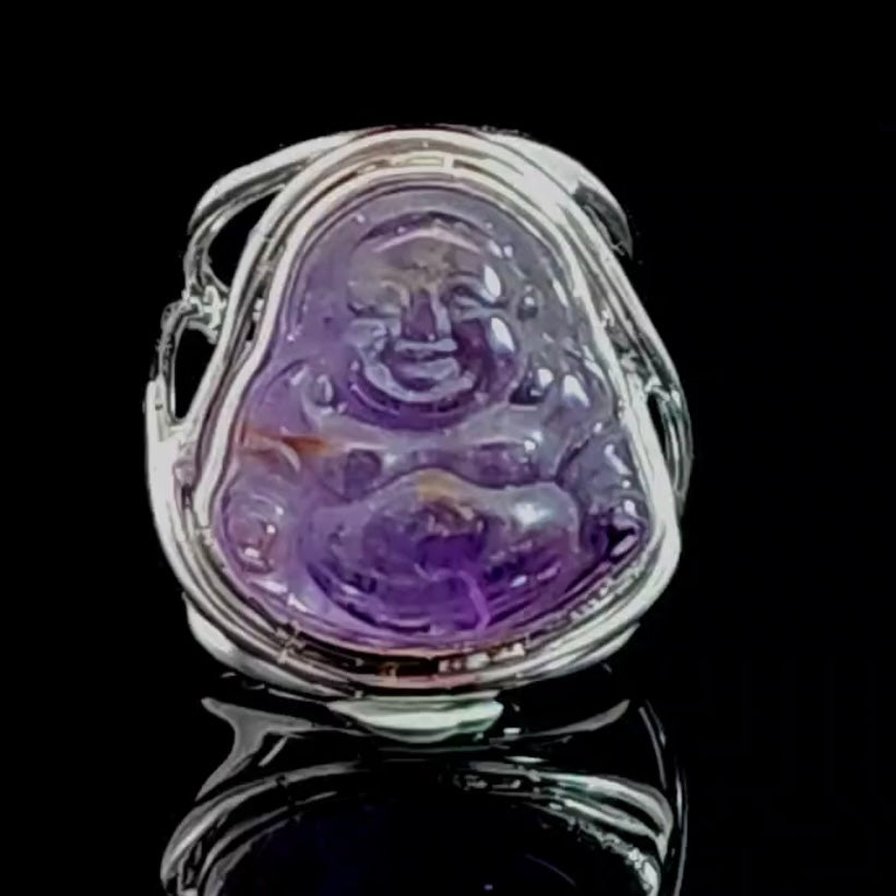 Ametrine Buddha Finger Cuff Adjustable Ring .925 Silver for Empowerment and Harmony