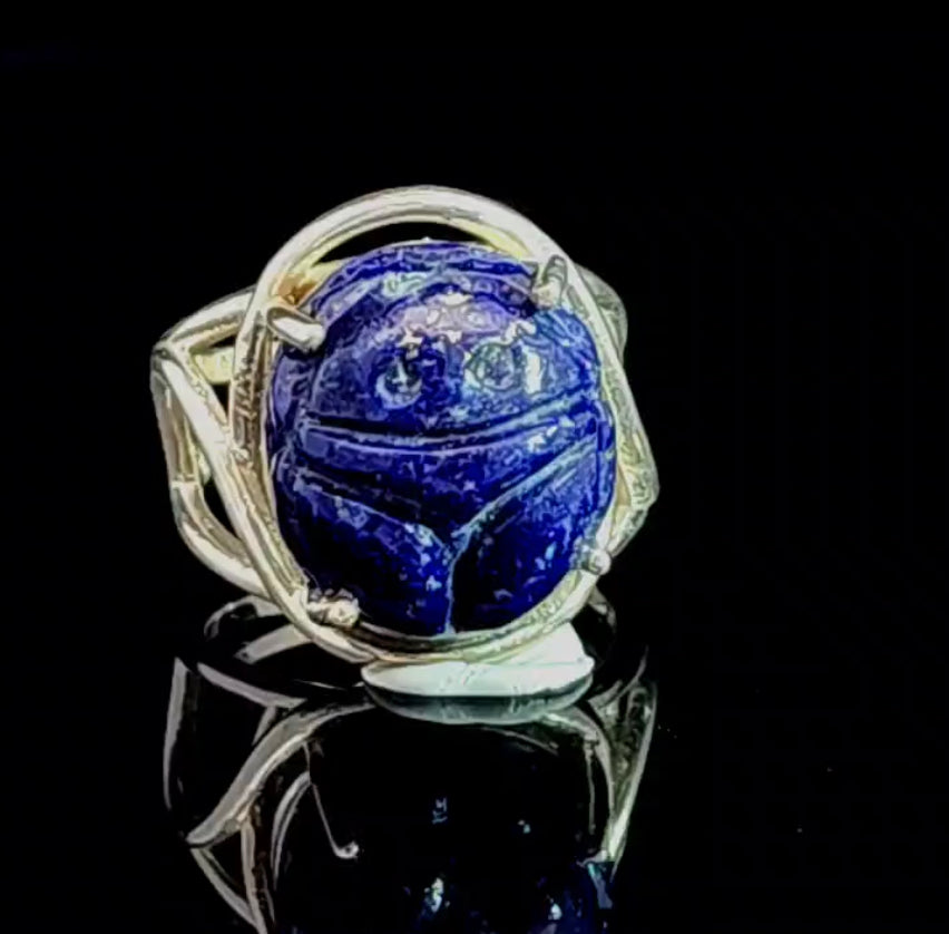 Lapis Lazuli Scarab Finger Cuff Adjustable Ring .925 Sterling Silver for Intuition, Personal Power and Confidence