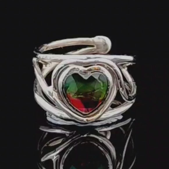 Ammolite Heart Finger Cuff Adjustable Ring .925 Silver for Transformation and Boosting your Life Force Energy