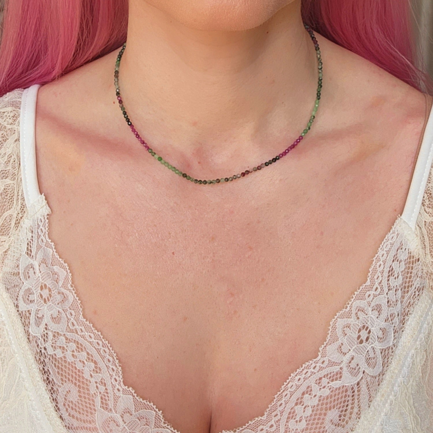 Ruby Zoisite Micro Faceted Choker/Layering Necklace for Harmonizing Relationships and Passion