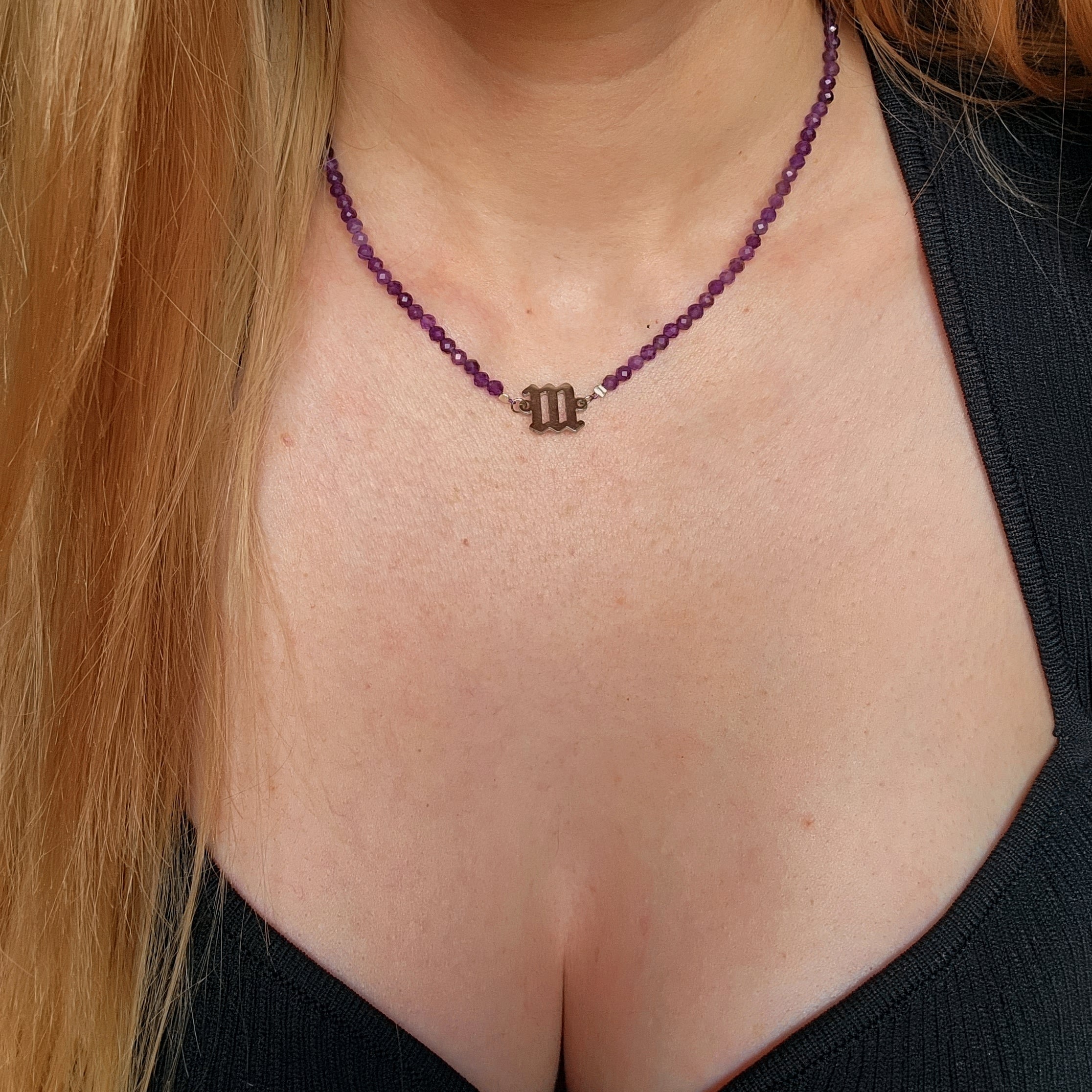 111 Angel Number Amethyst Micro Faceted Choker/Layering Necklace for Enhancing Intuition and Connecting with Source Energy