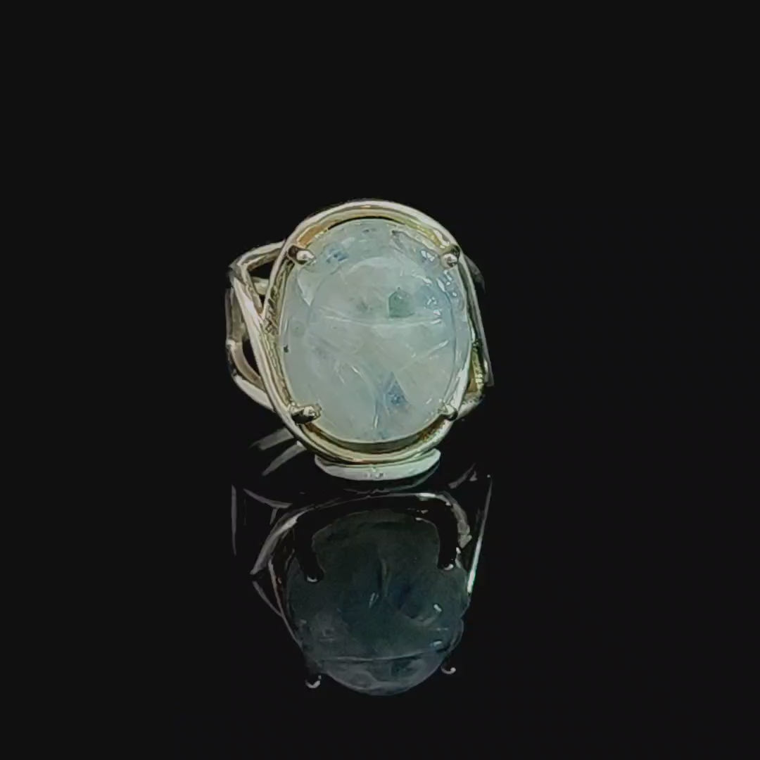 Rainbow Moonstone Scarab Finger Cuff Adjustable Ring .925 Sterling Silver for New Beginnings, Protection and Manifestation